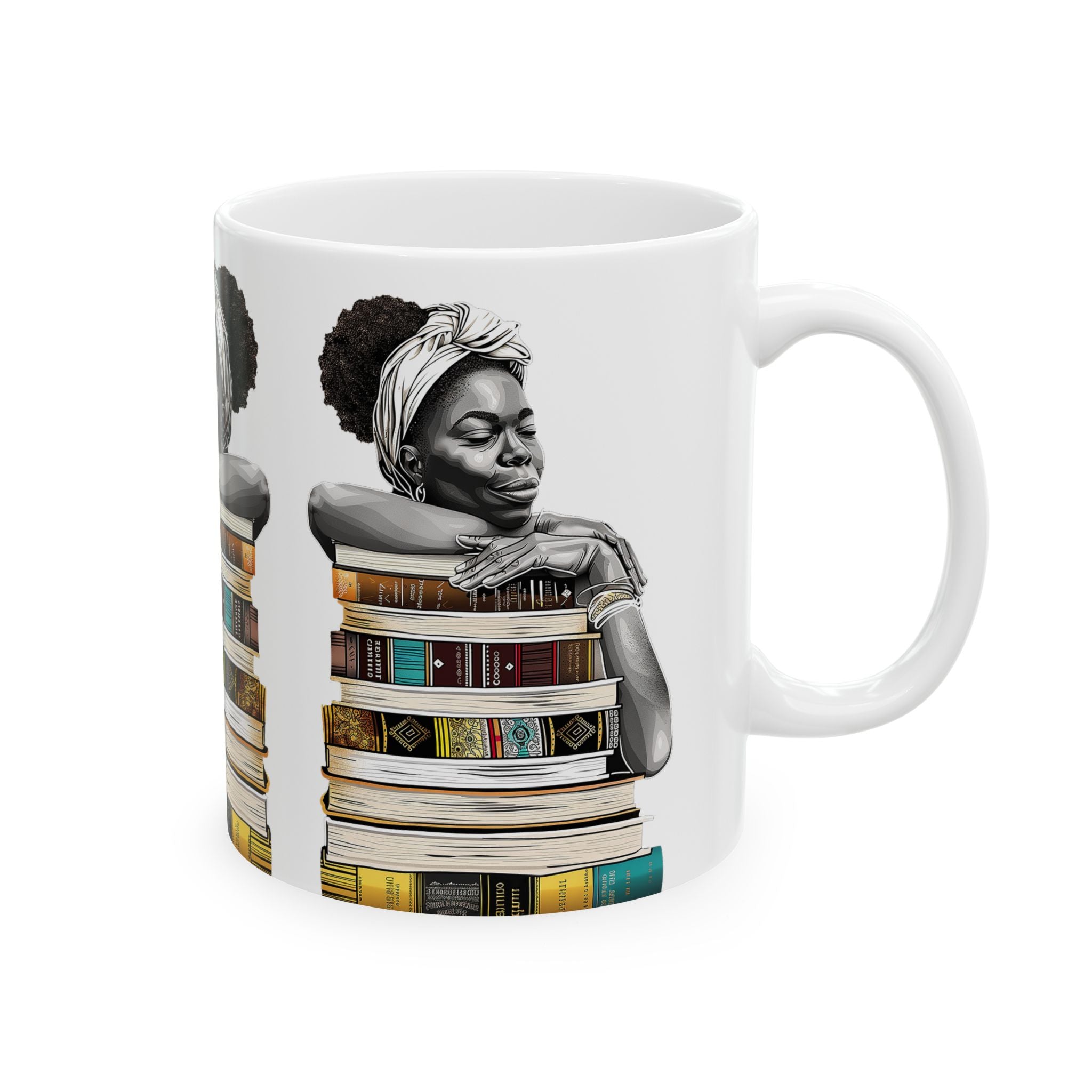 White coffee mug featuring an Afrocentric illustration of a peaceful Black woman embracing books, symbolizing education, knowledge, freedom, and generational legacy.