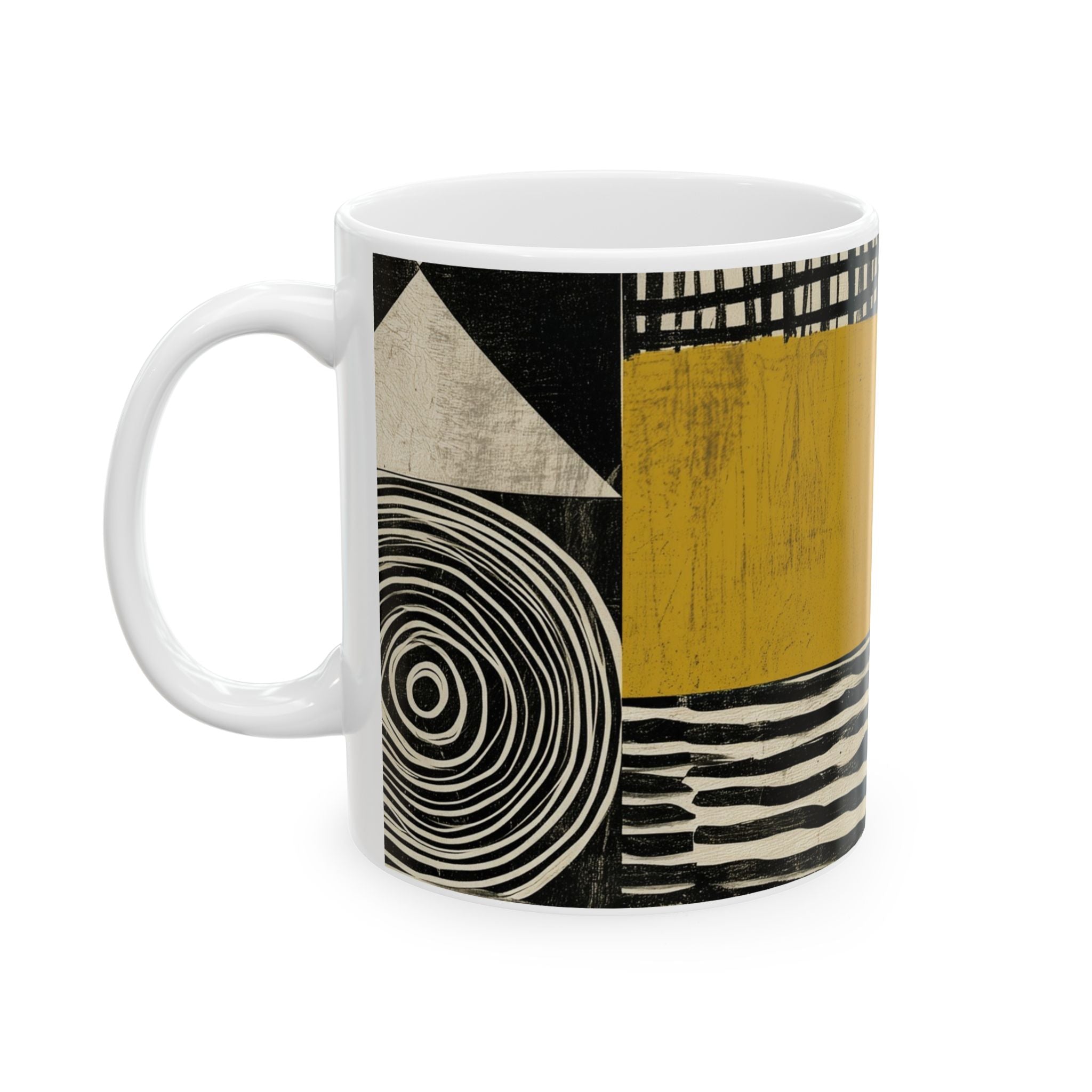 Left handle view of an 11 oz  Afrocentric geometric coffee mug featuring bold black, mustard gold, cream and red abstract shapes, arches, stripes and checkerboard patterns, displayed against a white background.