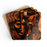 Set of four African Mask beverage coasters featuring vibrant Afrocentric artwork with cork backing, perfect for protecting tables while adding African American cultural style to living rooms, coffee tables, kitchens, and home bars.