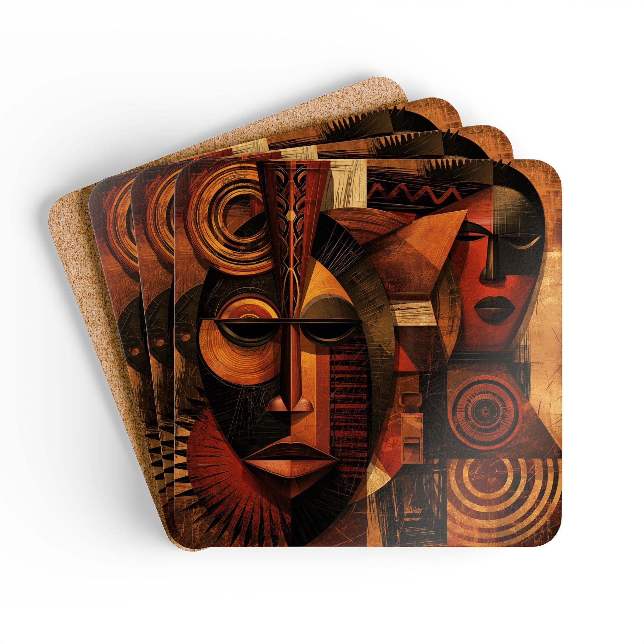 Set of four African Mask beverage coasters featuring vibrant Afrocentric artwork with cork backing, perfect for protecting tables while adding African American cultural style to living rooms, coffee tables, kitchens, and home bars.