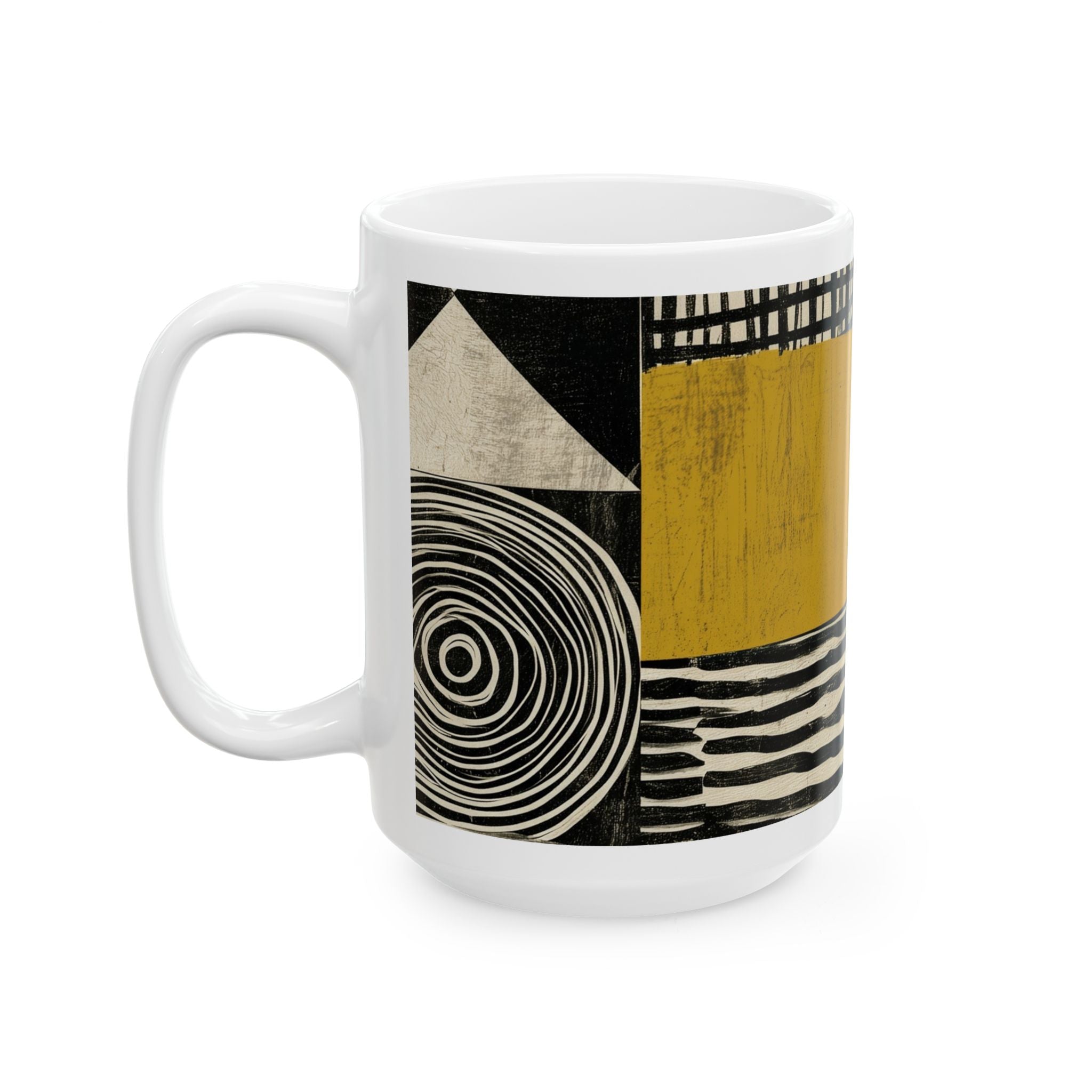 Left handle view of an 15 oz  Afrocentric geometric coffee mug featuring bold black, mustard gold, cream and red abstract shapes, arches, stripes and checkerboard patterns, displayed against a white background.