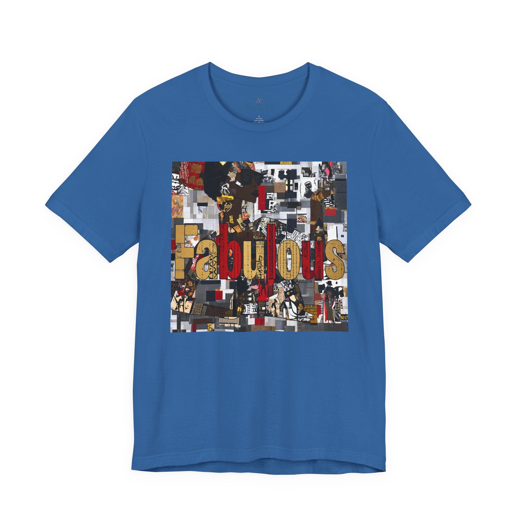 A bright blue short-sleeve crewneck t-shirt featuring a large rectangular graphic print on the front with the word 'Fabulous' in gold letters over a collage of images featuring a stylized Black female.