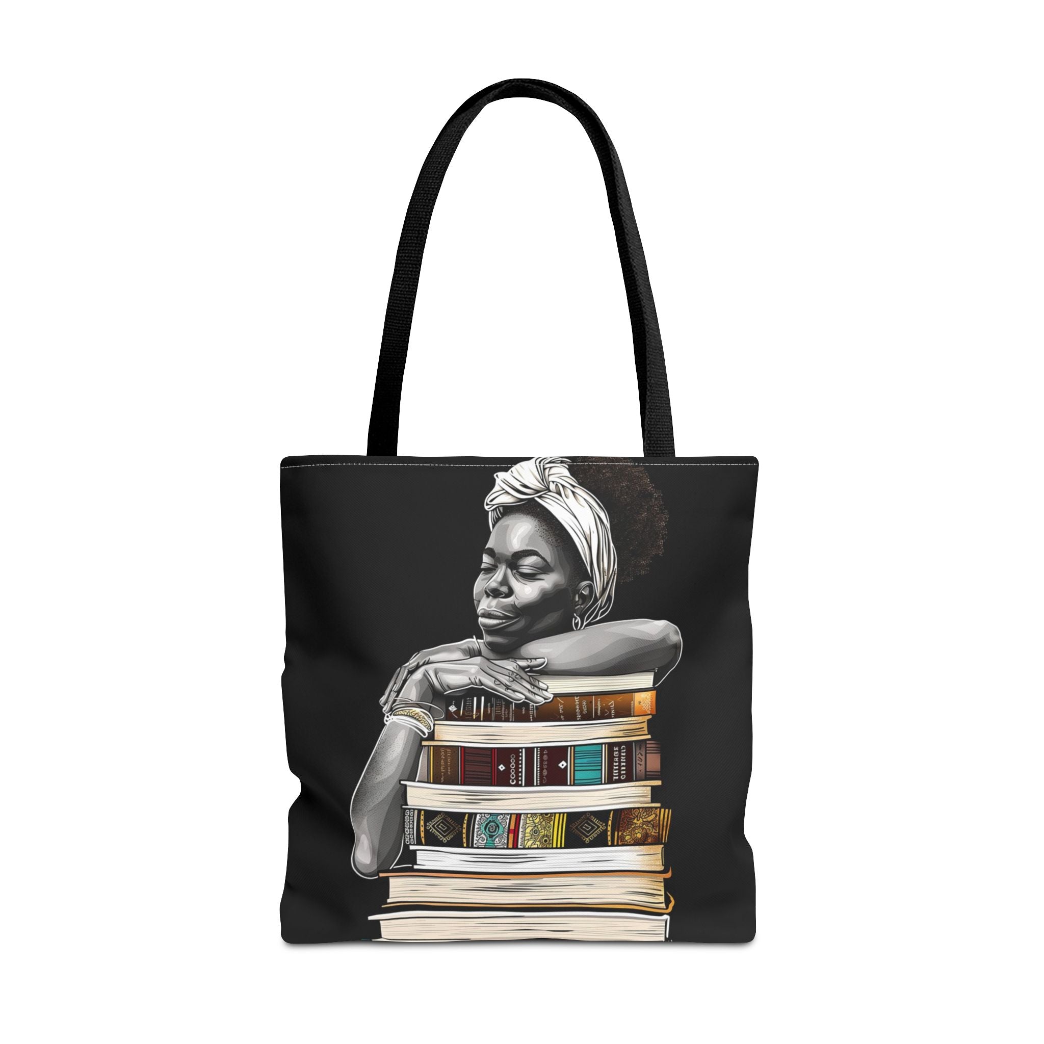 Afrocentric canvas tote bag featuring a peaceful Black woman embracing books, symbolizing education, knowledge, freedom, and generational legacy.