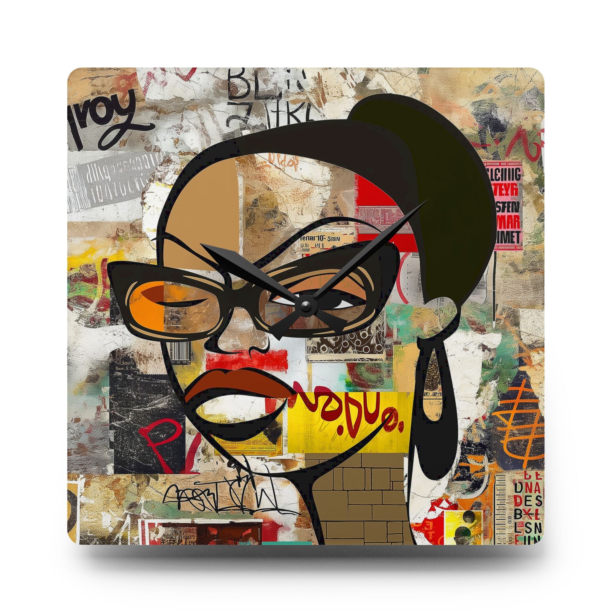 Boss Babe Black Girl Acrylic Wall Clock featuring a cartoon-style Black woman named Markeisha in a bold graffiti art design. Afrocentric modern wall decor celebrating Black girl magic, style, and empowerment.