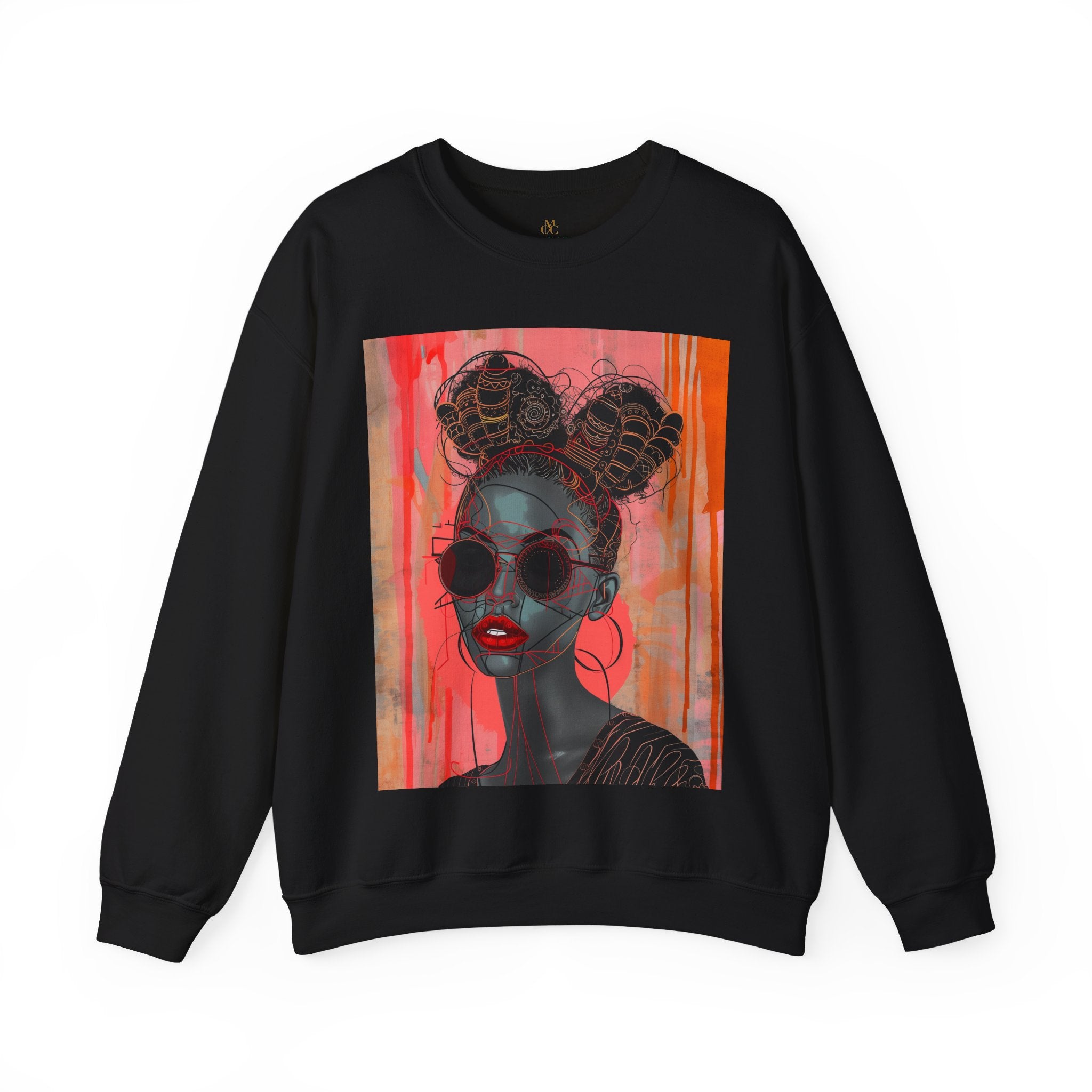 Black Woman Afrofuturism Sweatshirt featuring African American woman with Bantu knots and round fashion sunglasses, Afrocentric unisex top with futuristic and cultural design.