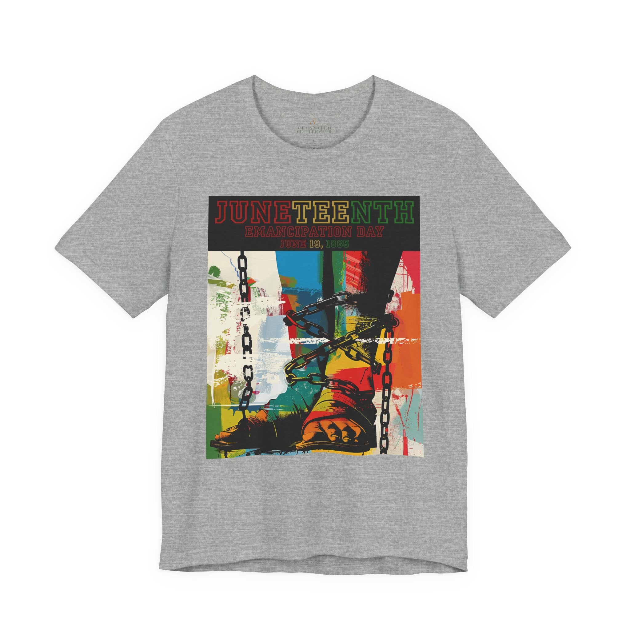 Juneteenth Emancipation Day tee shirt featuring chains wrapped around bare feet symbolizing liberation from slavery, freedom, resilience, and African American history.