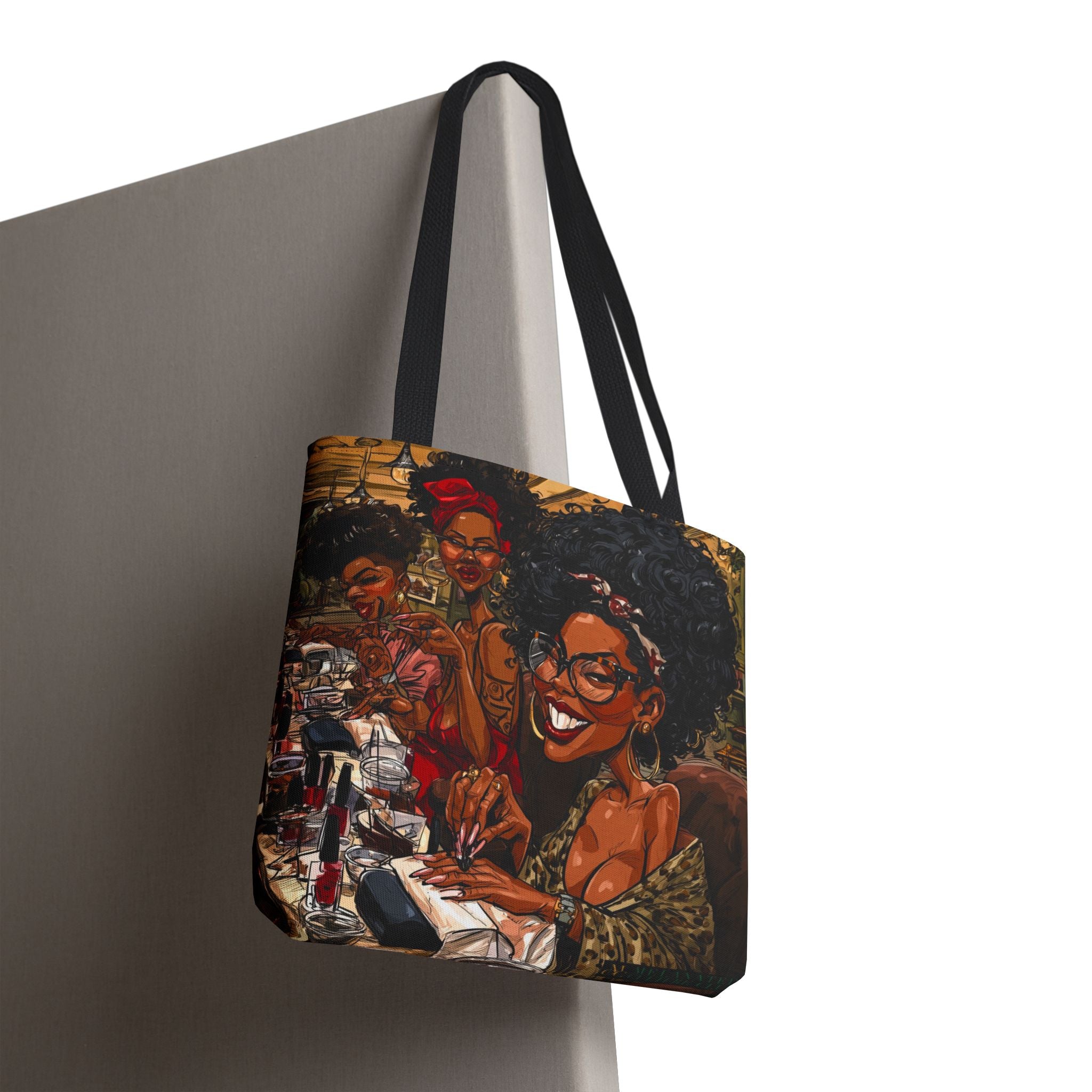 Black Women Nail Salon tote bag featuring colorful artwork of stylish Black women getting manicures together with nail polish and beauty accessories.