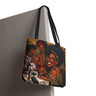 Black Women Nail Salon tote bag featuring colorful artwork of stylish Black women getting manicures together with nail polish and beauty accessories.