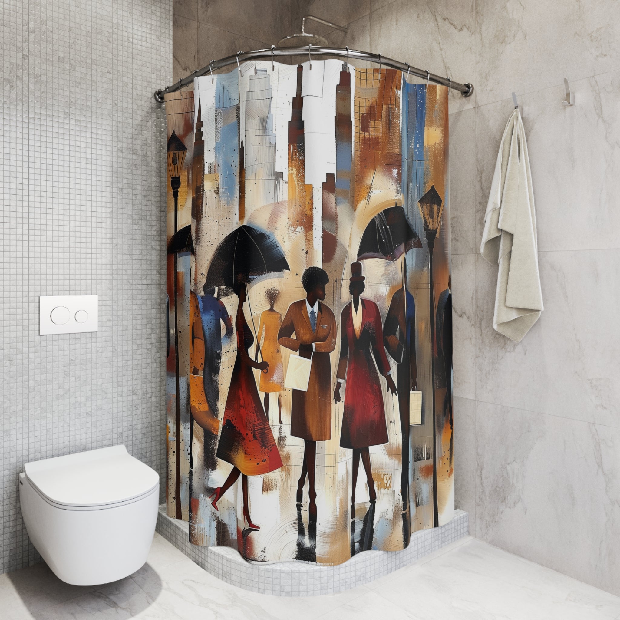 New York City Rainy Day shower curtain featuring Afrocentric abstract art of people walking in the rain during NYC rush hour with umbrellas and city skyline.