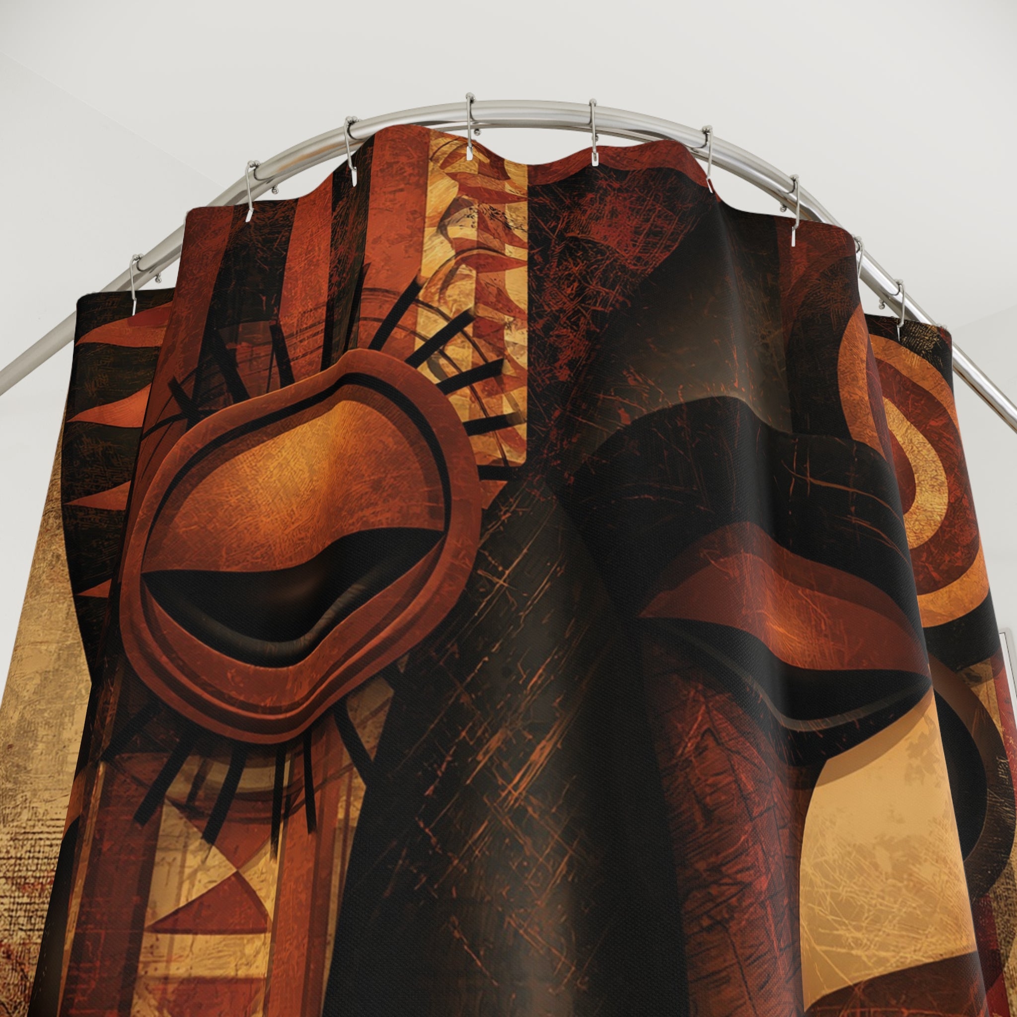 Close up detail of top of African Mask Abstract Shower Curtain.