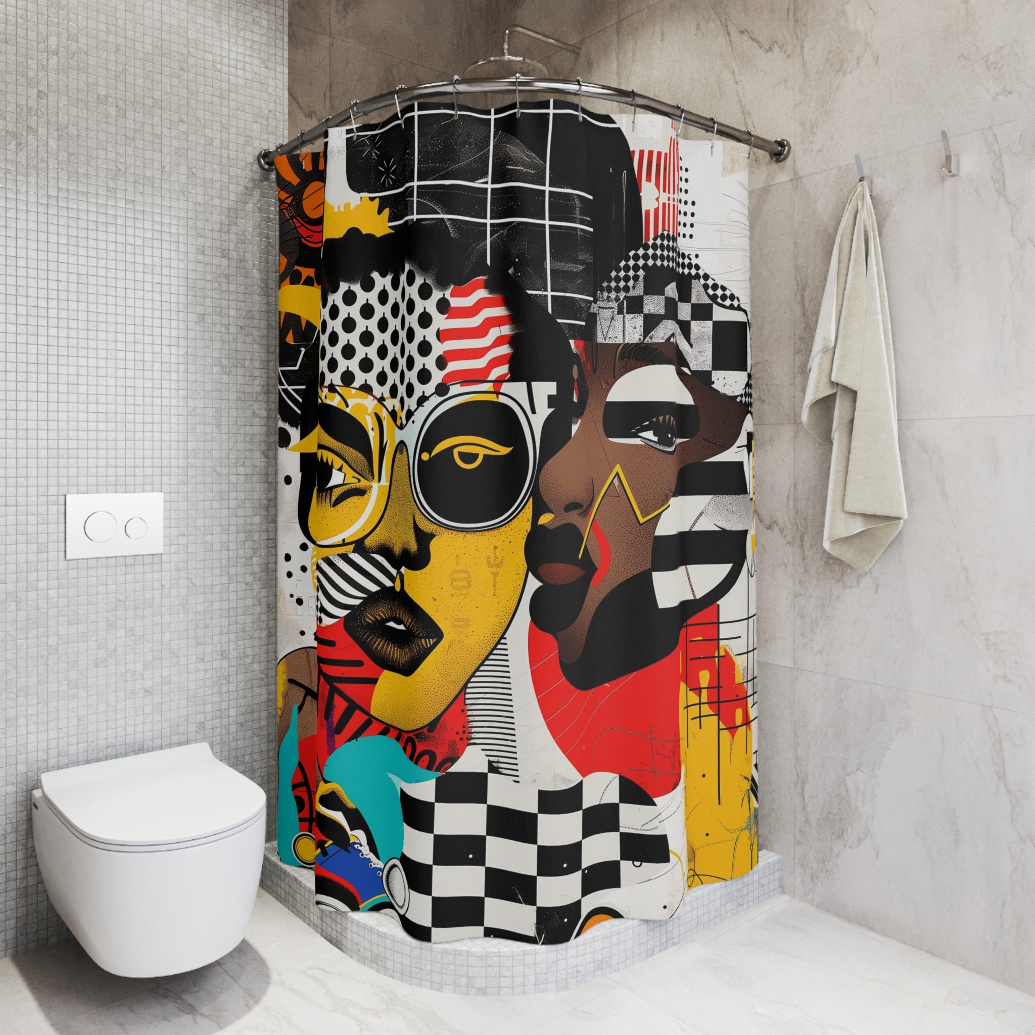 Soul Sisters abstract shower curtain featuring a modern pop art collage of two Black women celebrating sisterhood, Afrocentric style, and bold contemporary bathroom décor.