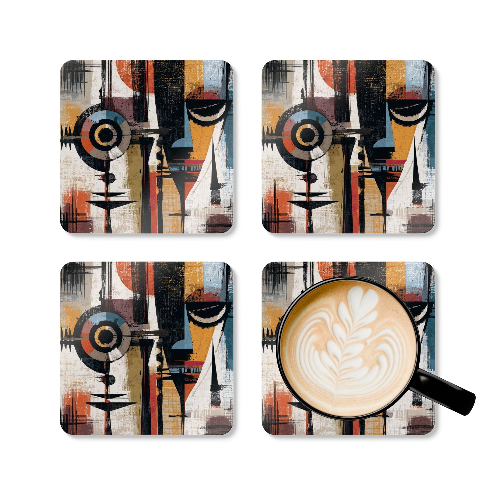 Set of four African Mask beverage coasters featuring vibrant Afrocentric artwork, displayed with a white coffee mug against a white background.