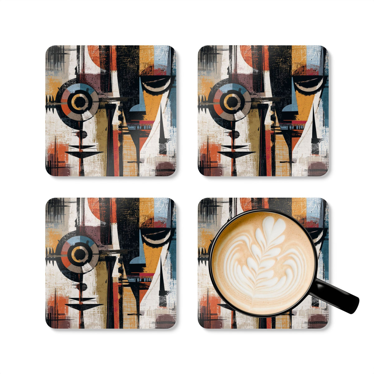 Set of four African Mask beverage coasters featuring vibrant Afrocentric artwork, displayed with a white coffee mug against a white background.