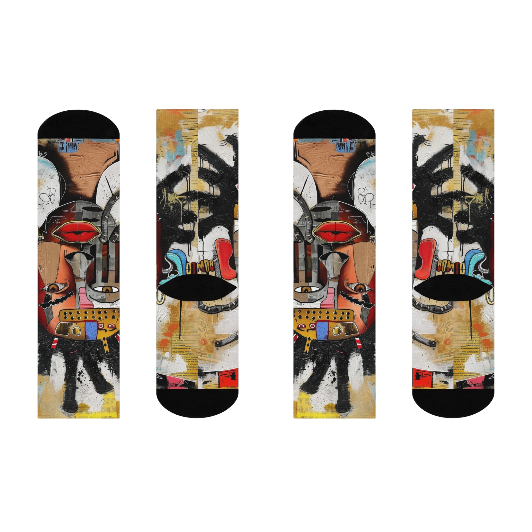 Abstract Afrocentric t-shirt featuring a split-face portrait of a Black man, half human and half robot, with expressive facial features and futuristic mechanical details in an Afrofuturism art style.