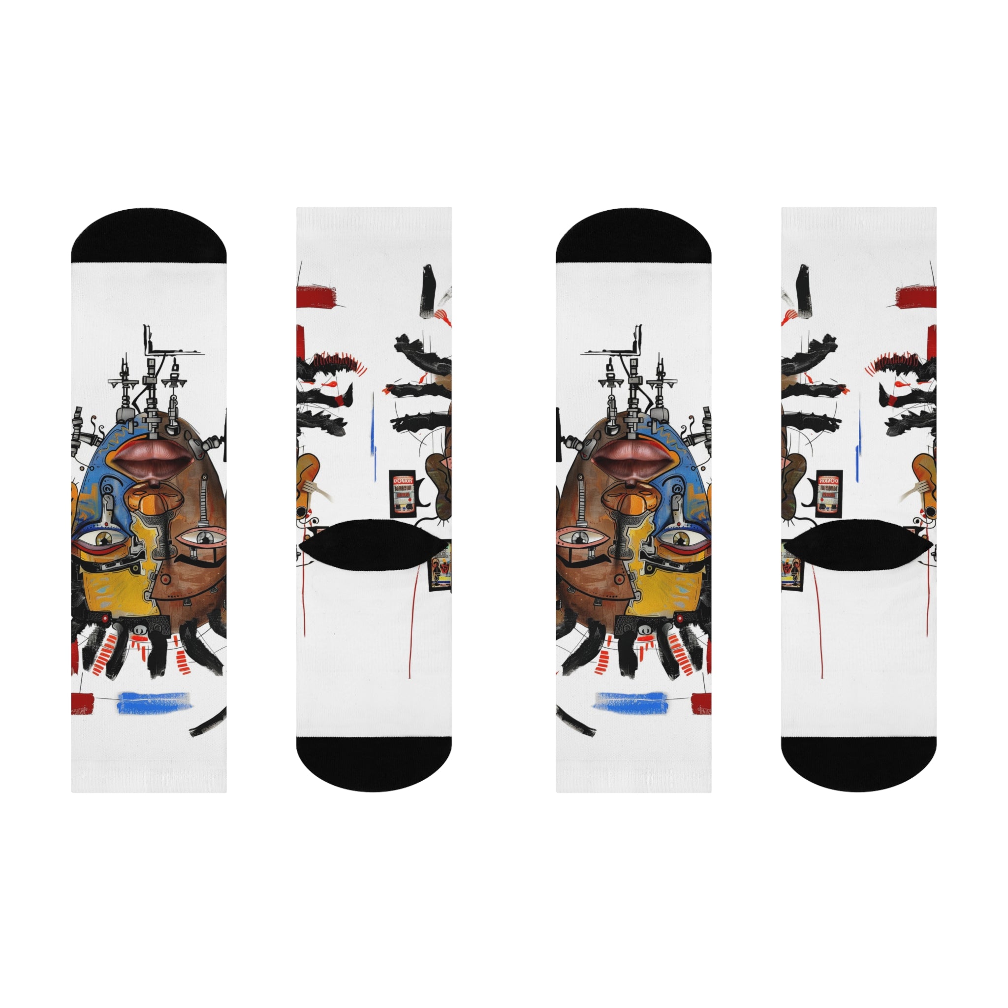 Abstract Afrocentric crew socks featuring a continuous calf wrap print of a Black man with a split human and robot face in an Afrofuturism art style, with black heel and toe panels. Series 03