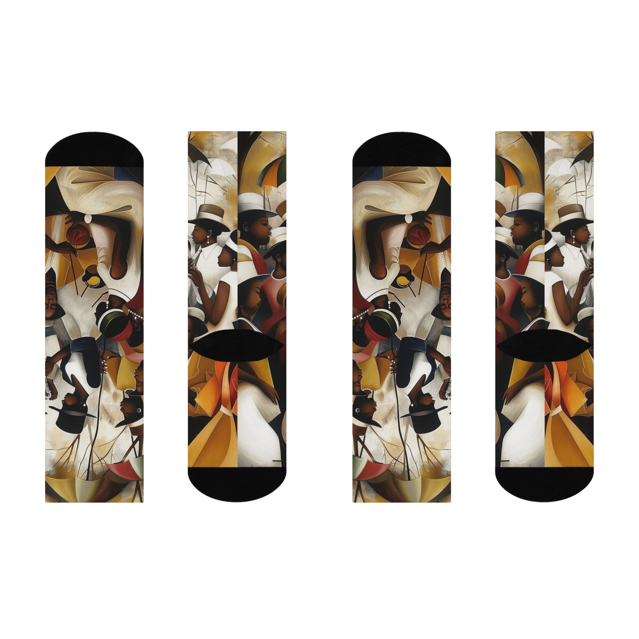 Juneteenth picnic crew socks featuring Afrocentric art of a joyful Picnic in the Park celebration, symbolizing Black culture, freedom, and community.