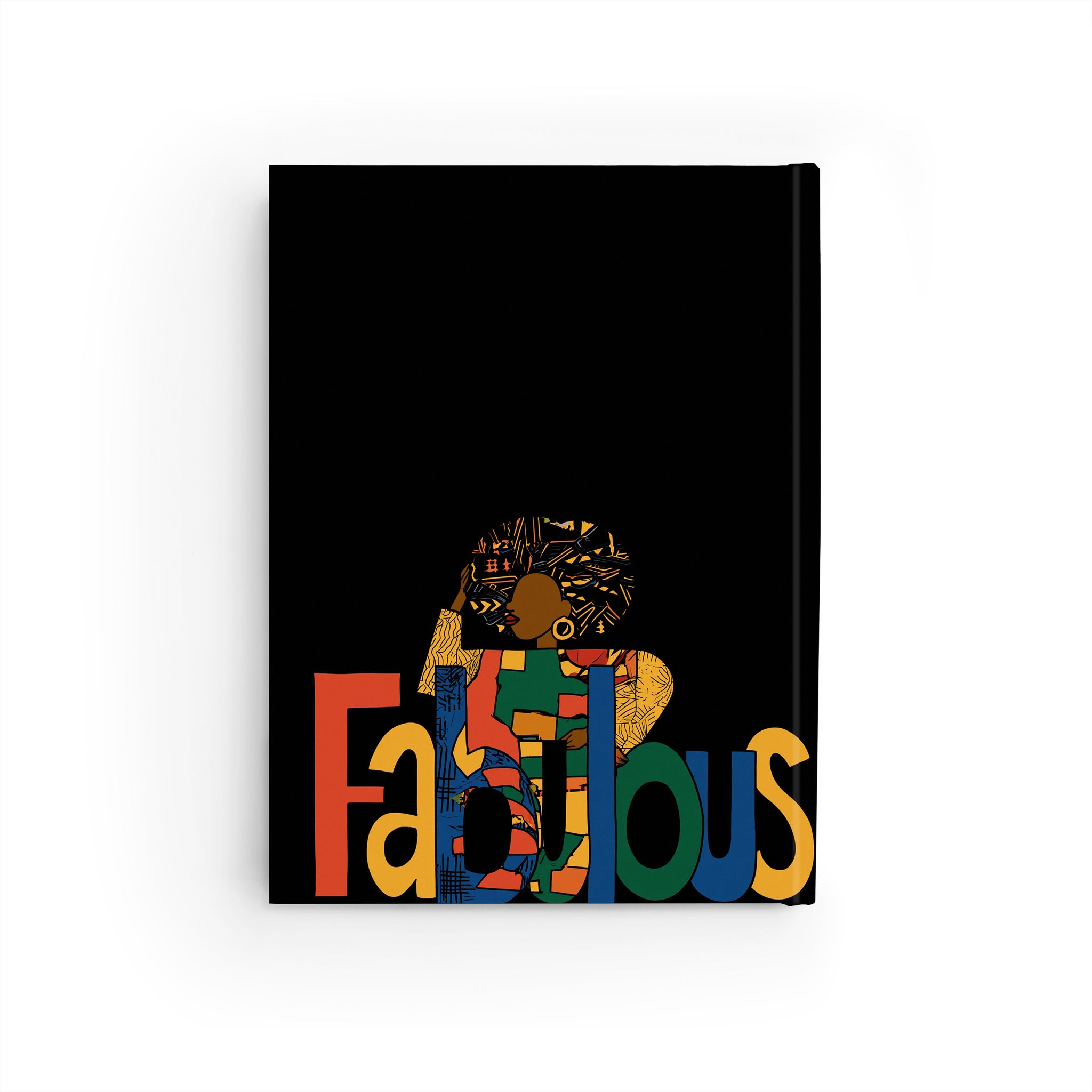 A black hardcover notebook or journal shown on a white background. The back cover features a colorful graphic with the word 'Fabulous' in large multicolored letters and a stylized figure above it.