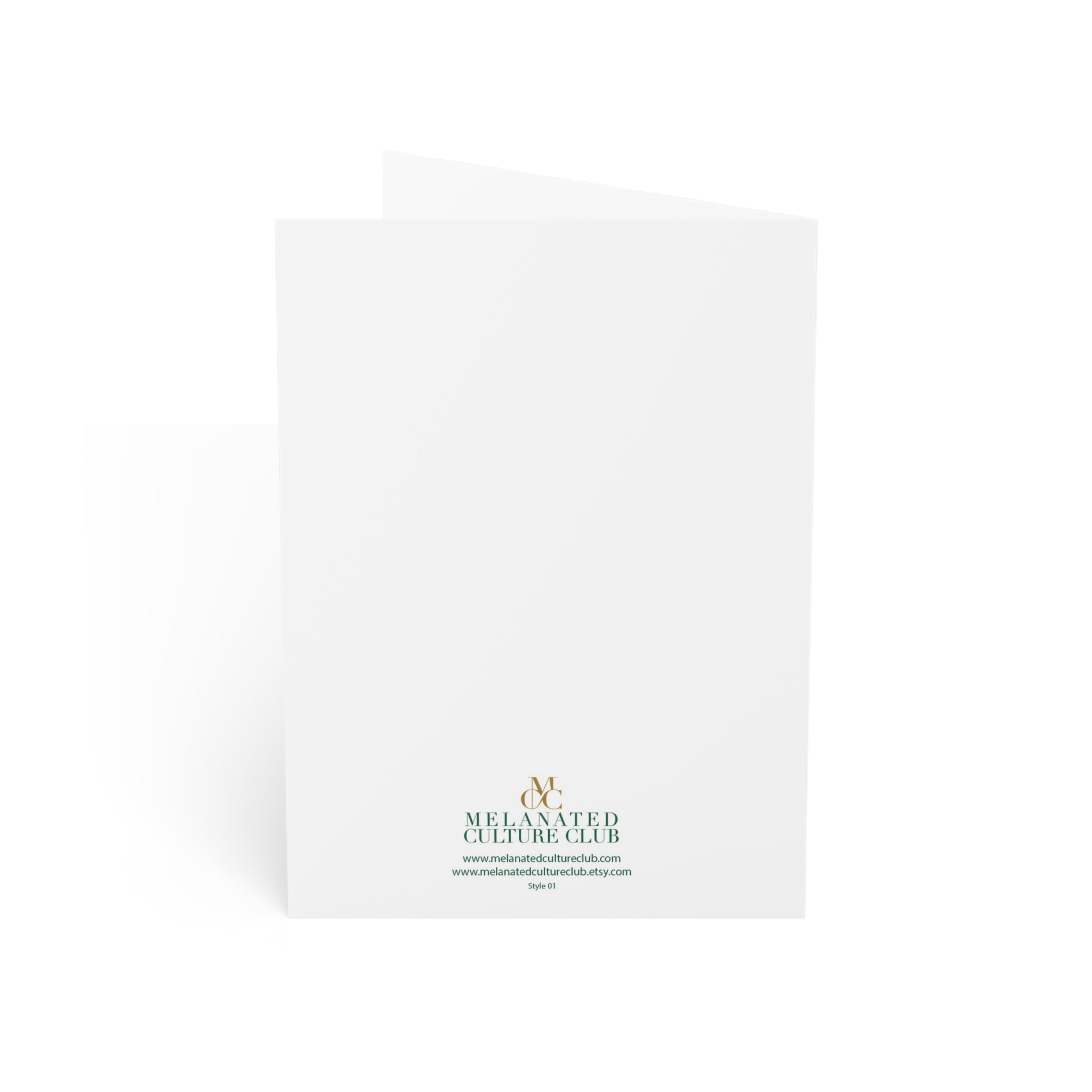 A minimalist white greeting card with a gold and green logo for 'Melanated Culture Club' printed at the bottom, shown on a clean white background.