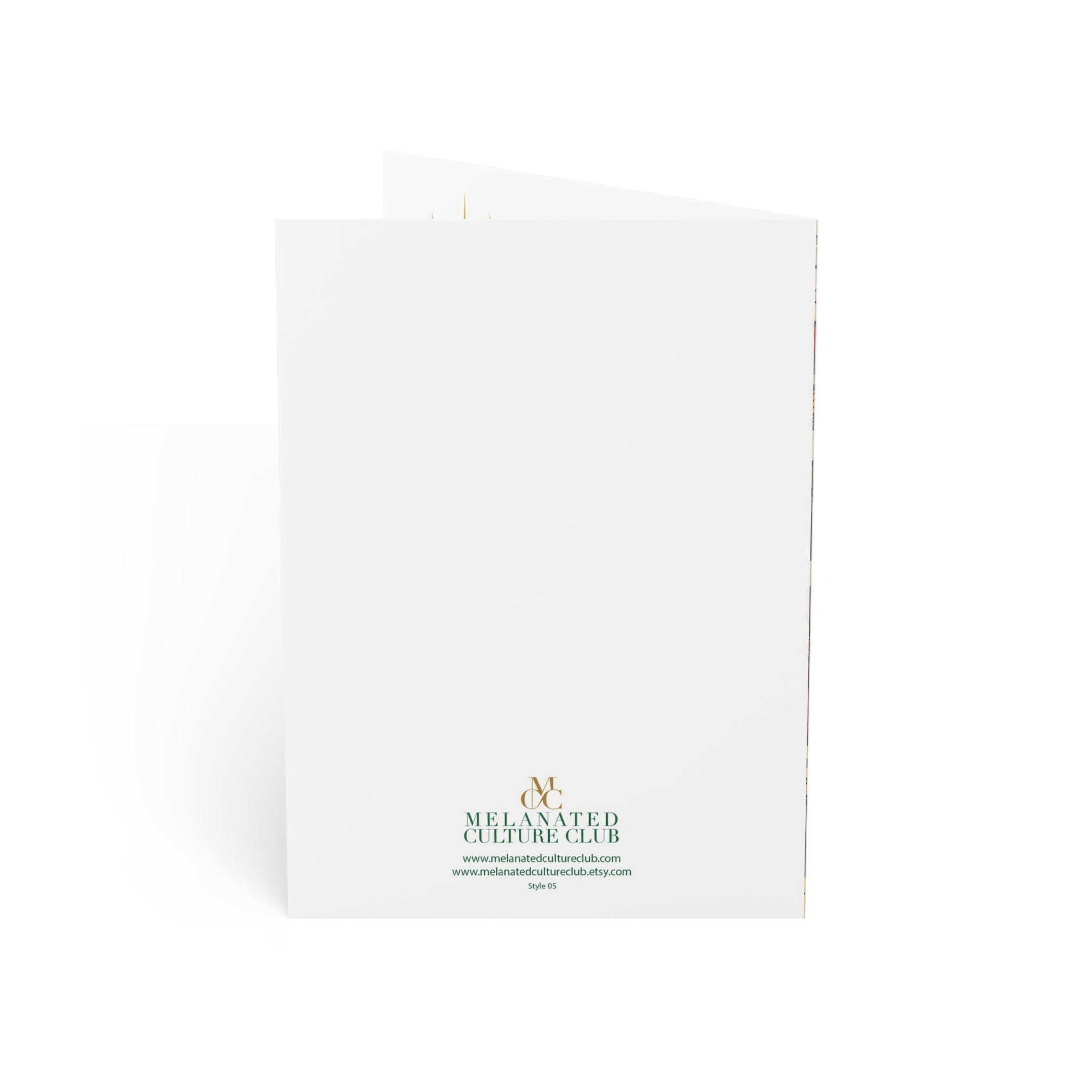 Back view showing brand logo and website of vertical 5x7 African American Christmas card featuring a joyful Black choir in an artistic stained glass-inspired design.