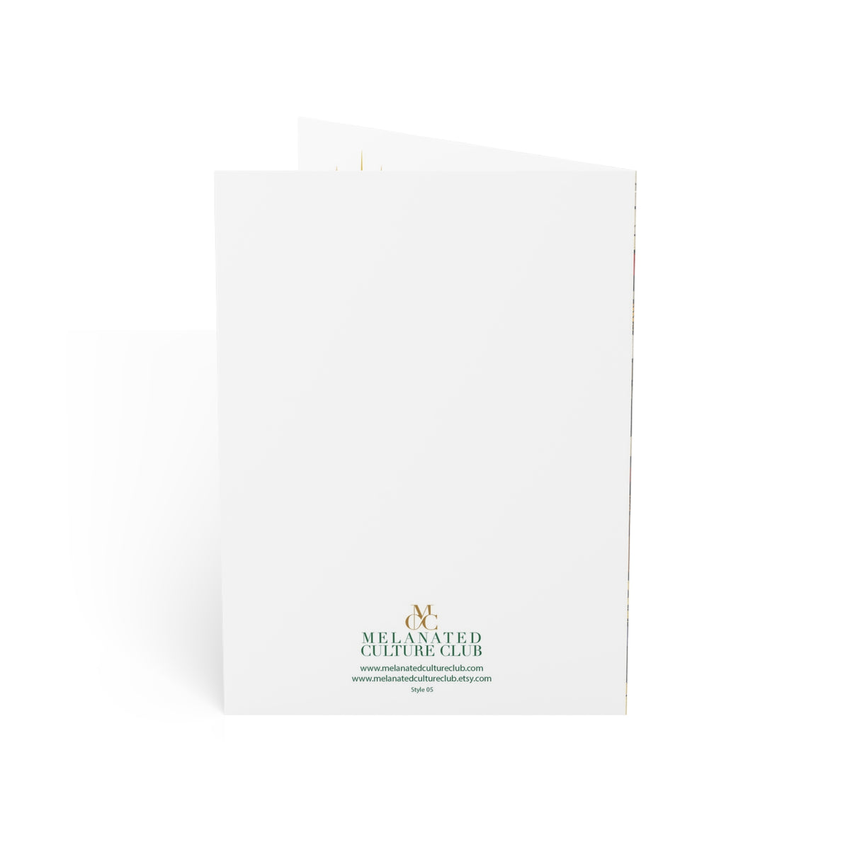 Back view showing brand logo and website of vertical 5x7 African American Christmas card featuring a joyful Black choir in an artistic stained glass-inspired design.