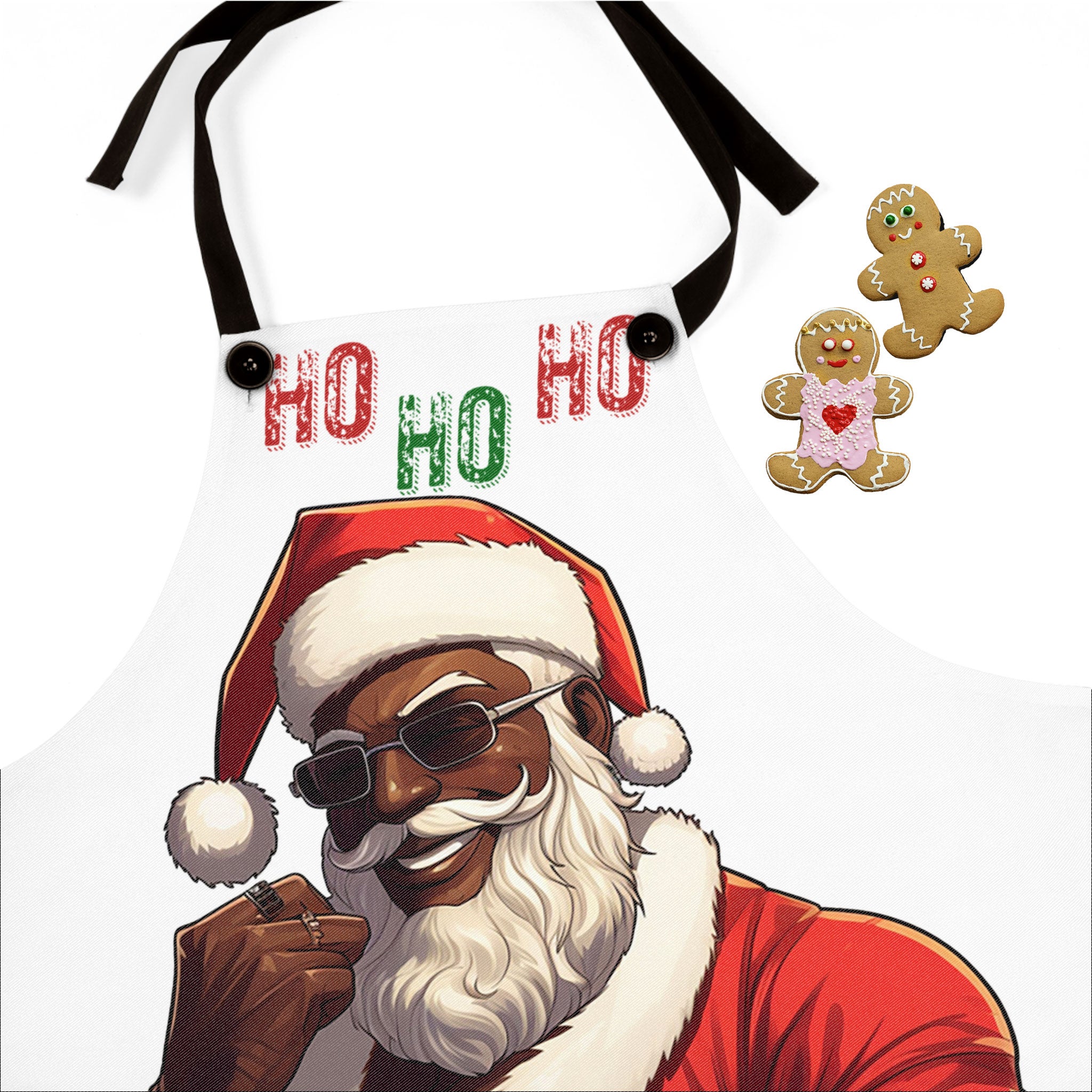 Black Santa Christmas Apron featuring an African American Santa Claus design, festive holiday kitchen apron perfect for Christmas cooking, baking, and holiday entertaining.