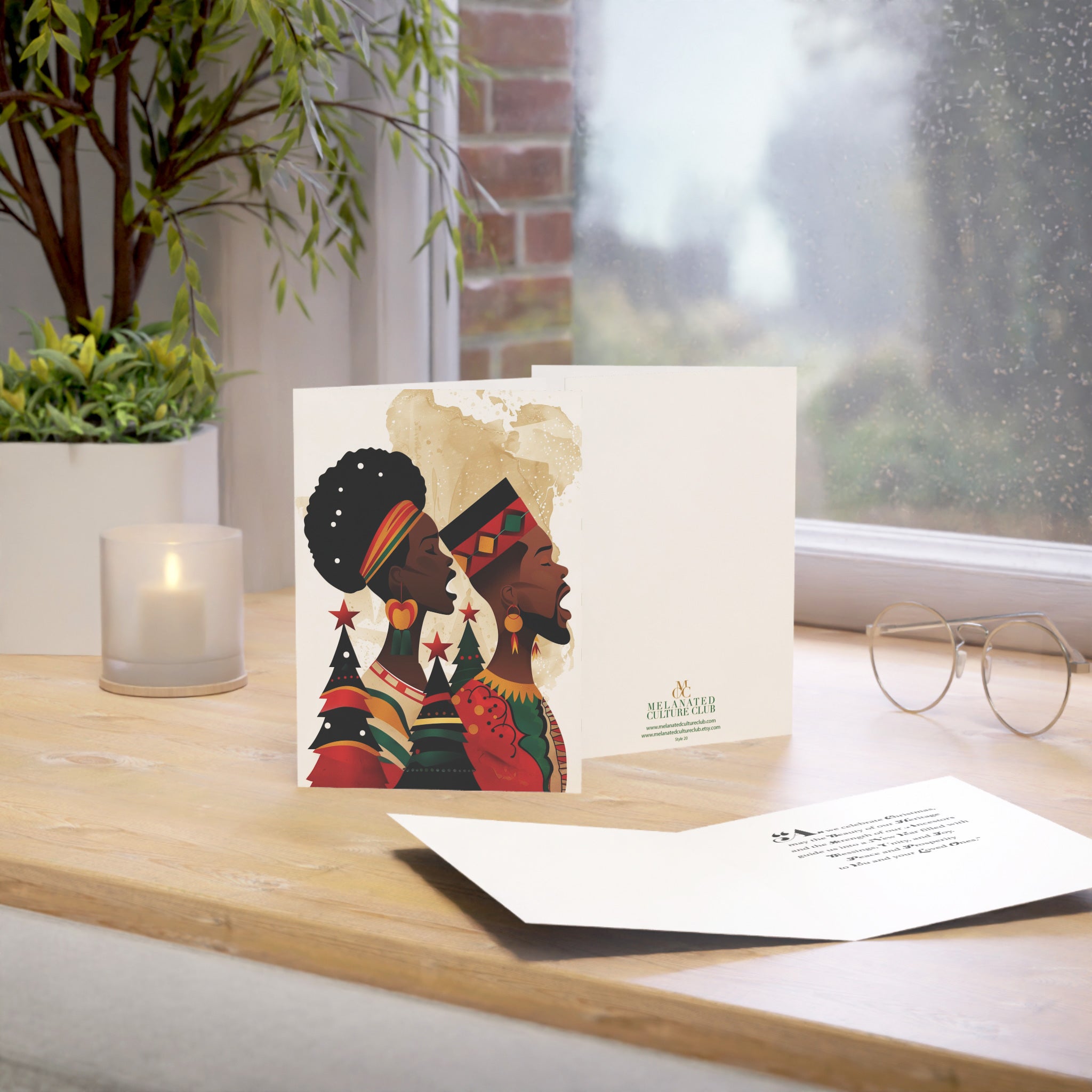 African American Couple Christmas Card featuring a Black man and woman dressed in traditional African clothing, holiday greeting card with envelopes.