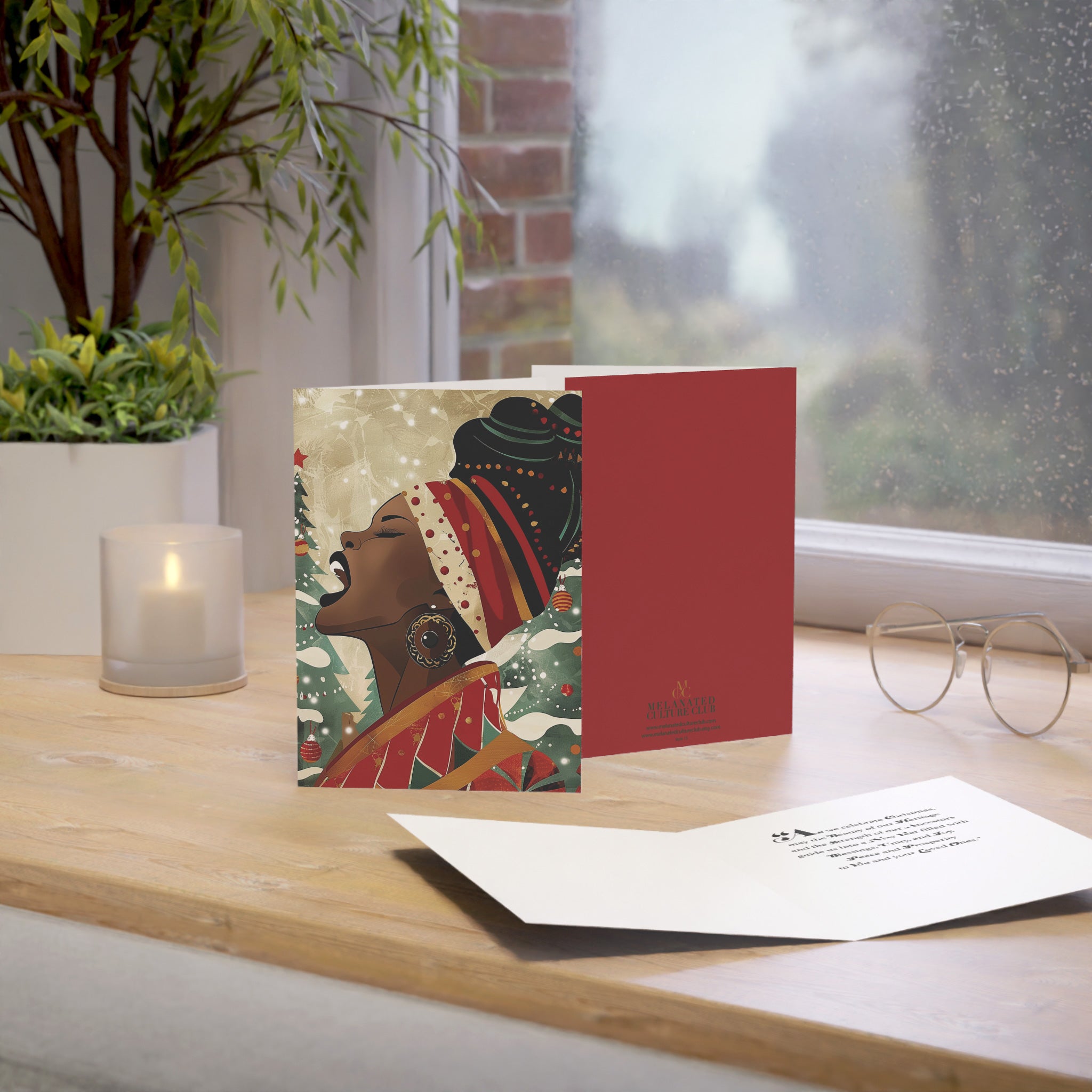 Black Woman Singer Christmas Card featuring a joyful Afrocentric holiday design of a Black woman singing, available as a single card or multipack with white envelopes.