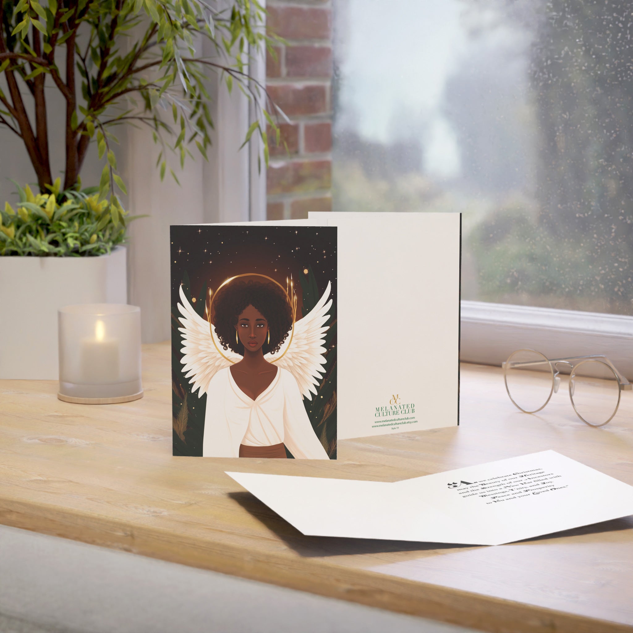 Black Woman Angel Holiday Greeting Card featuring an elegant African American angel illustration, available as a single card or multipack with envelopes.