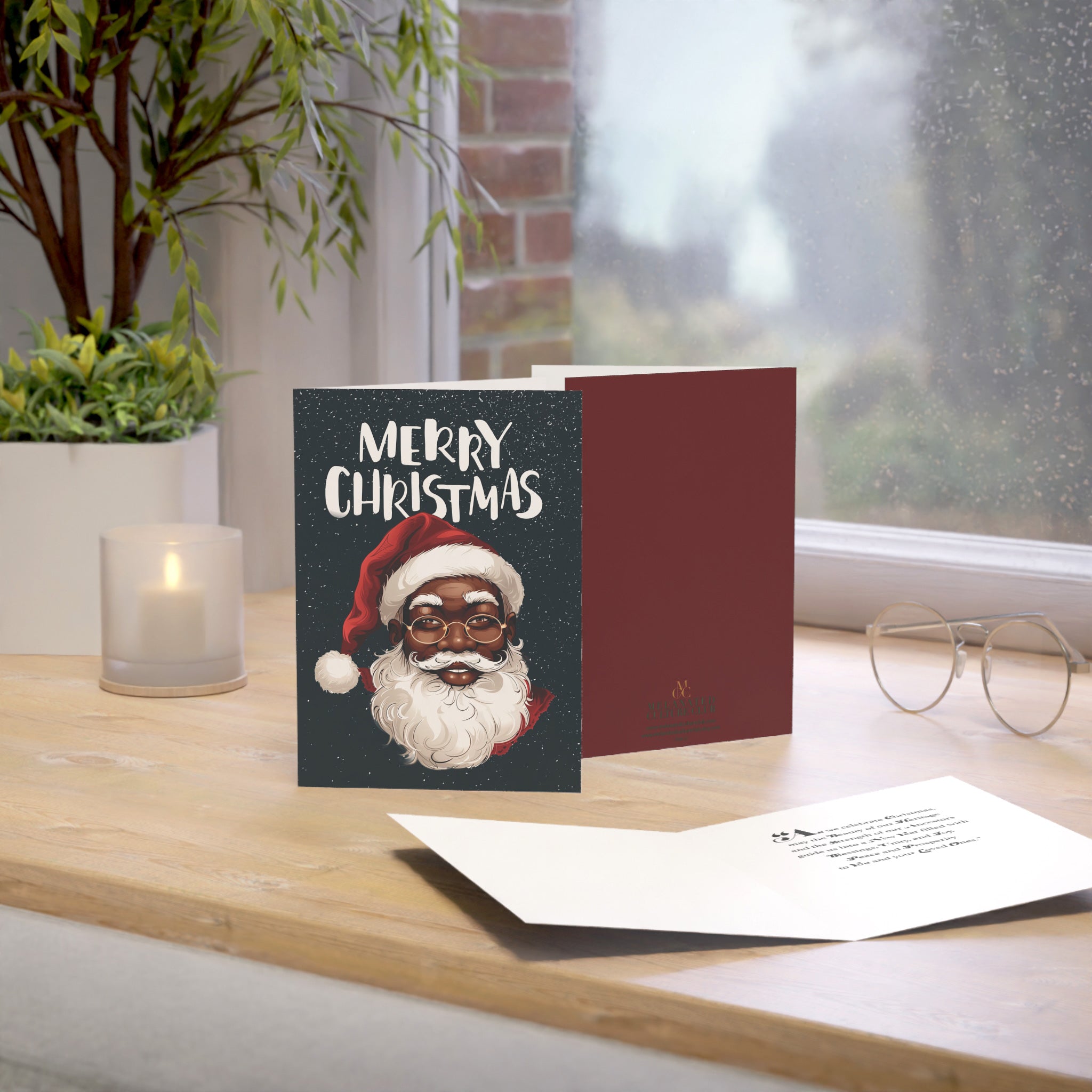 African American Santa Christmas Card – Afrocentric holiday greeting featuring a Black Santa Claus design, festive Christmas card with envelope.