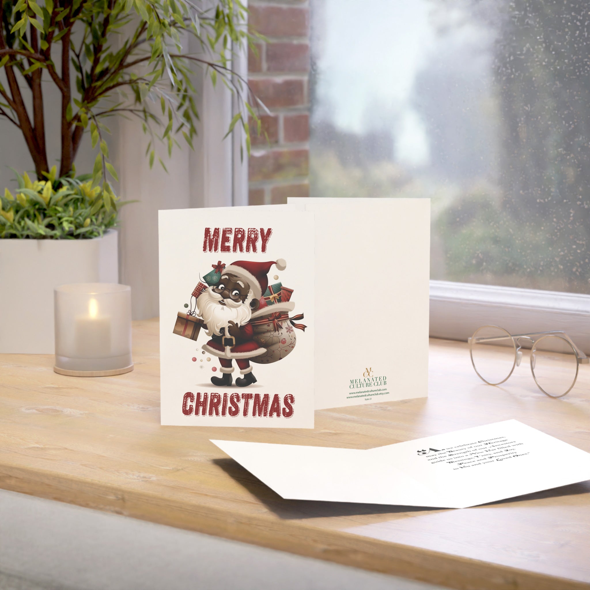 African American Santa Christmas Card – Afrocentric holiday greeting featuring a Black Santa Claus design, festive Christmas card with envelope.