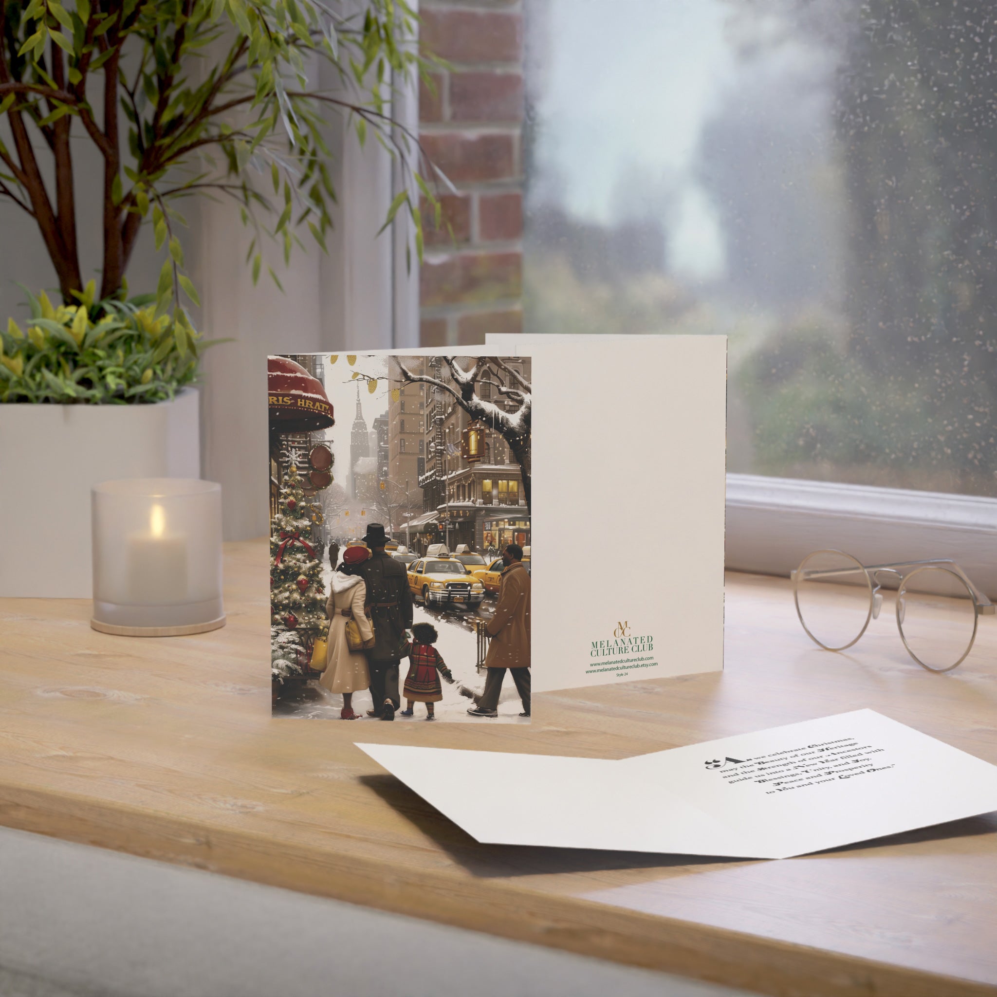 African American Family Christmas Card featuring a stylish Black family holiday shopping in New York City, Afrocentric holiday greeting card available as single or multipack with white envelopes.