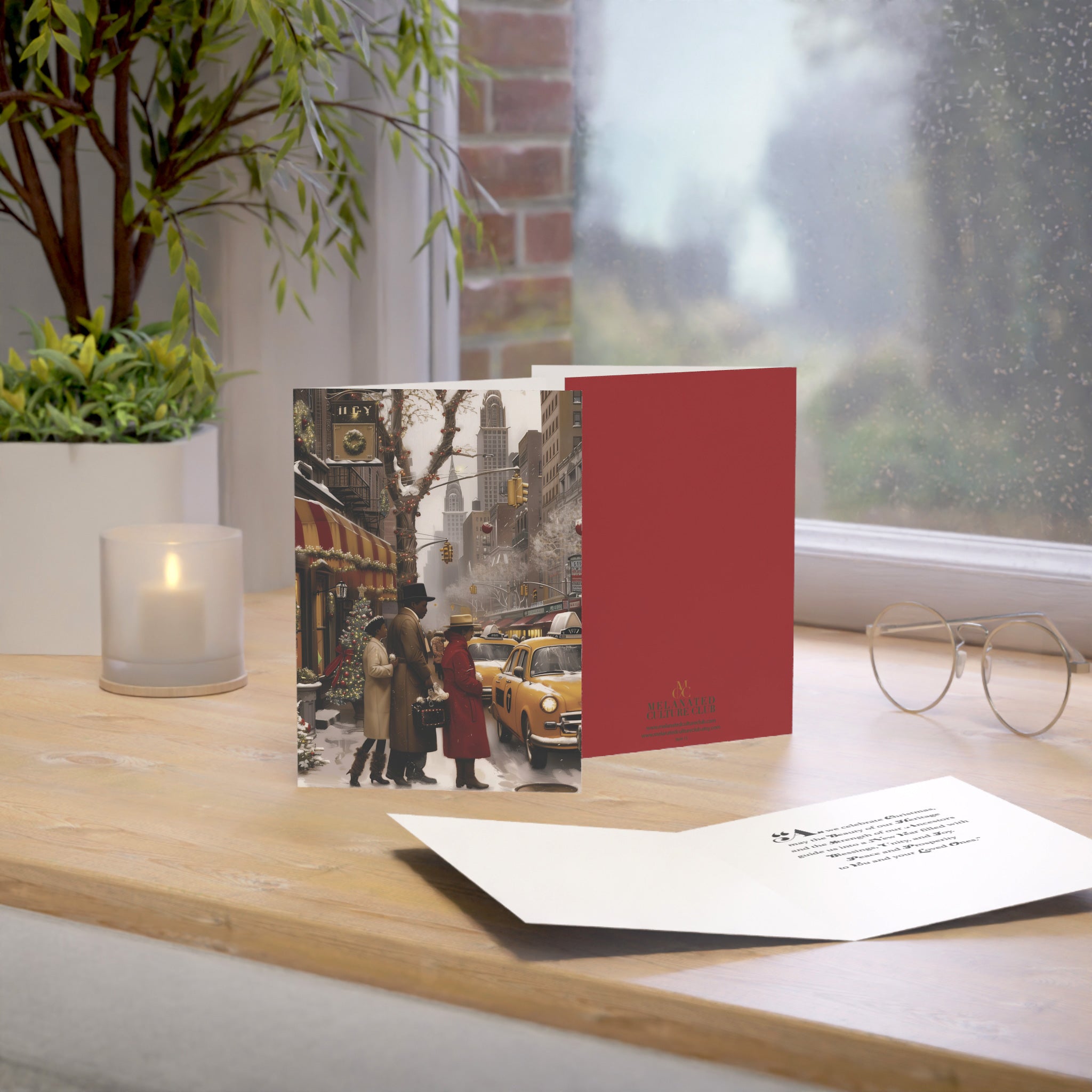 African American Christmas Shoppers Holiday Card featuring stylish Black families shopping in New York City during the holiday season, available as a single card or multipack with white envelopes.