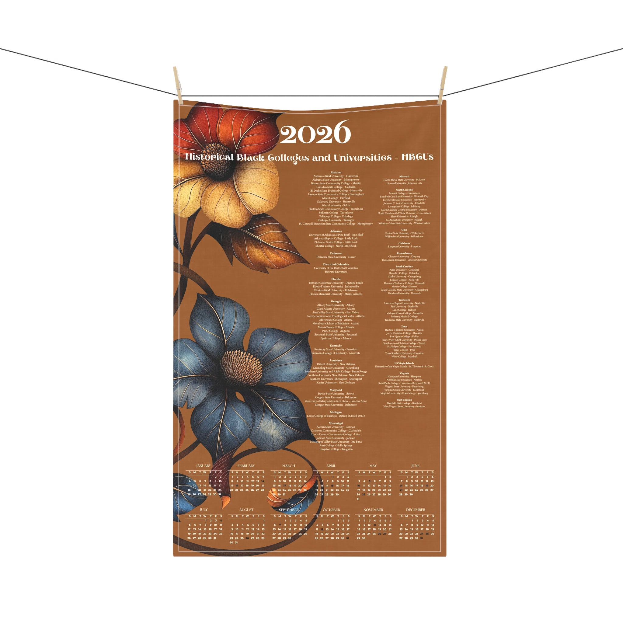 2026 Tea Towel Calendar featuring Historical Black Colleges and Universities in every state with wildflower vine design – Afrocentric functional home decor.