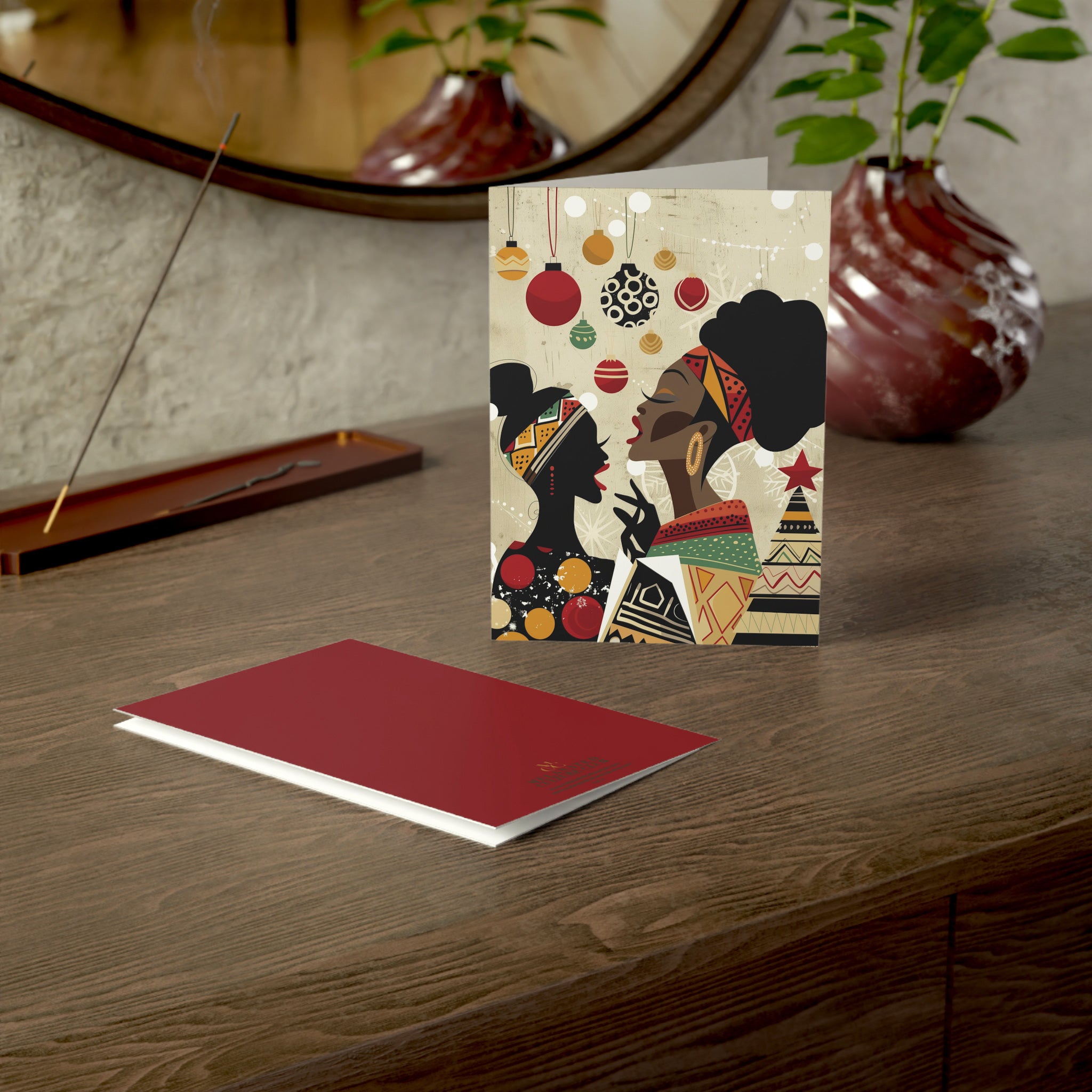 African American Women Christmas Carolers Greeting Card featuring Afrocentric holiday artwork of Black women singing Christmas carols in vibrant seasonal colors.