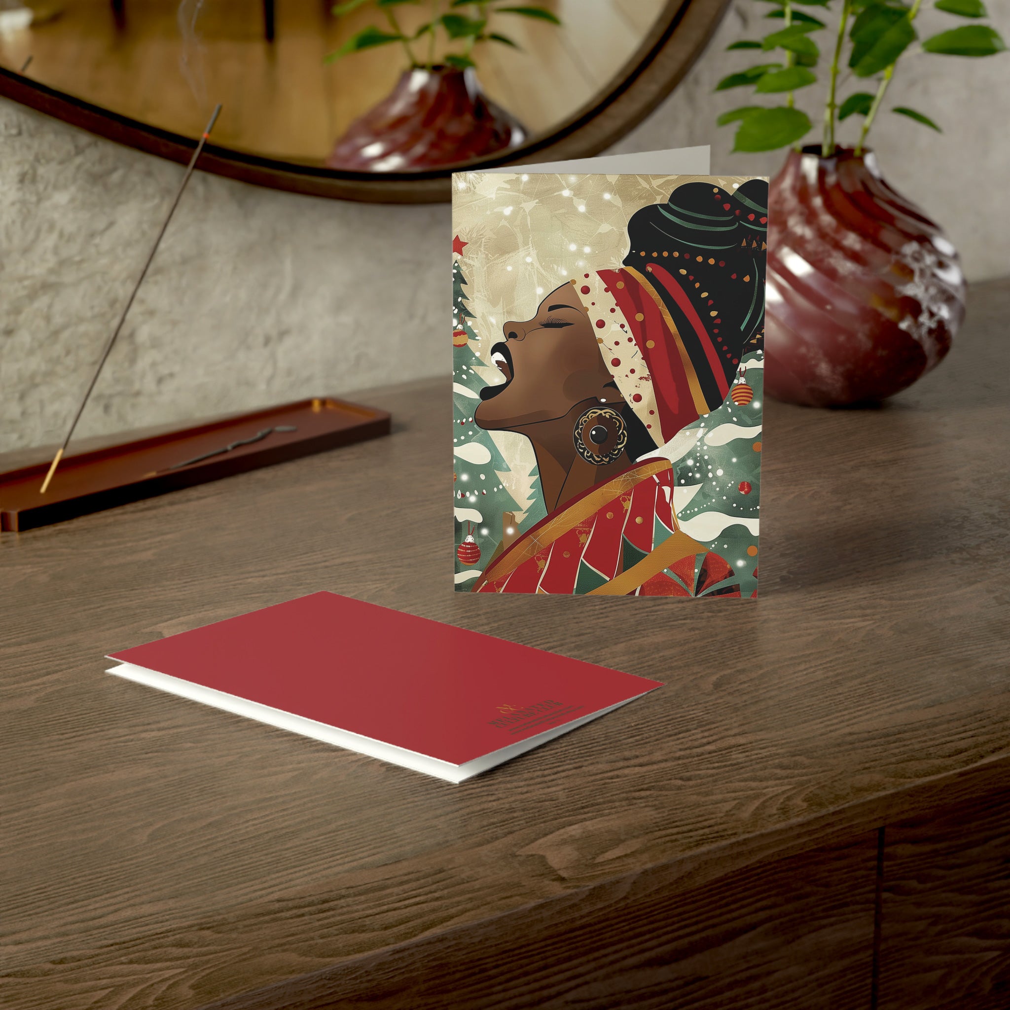 Black Woman Singer Christmas Card featuring a joyful Afrocentric holiday design of a Black woman singing, available as a single card or multipack with white envelopes.