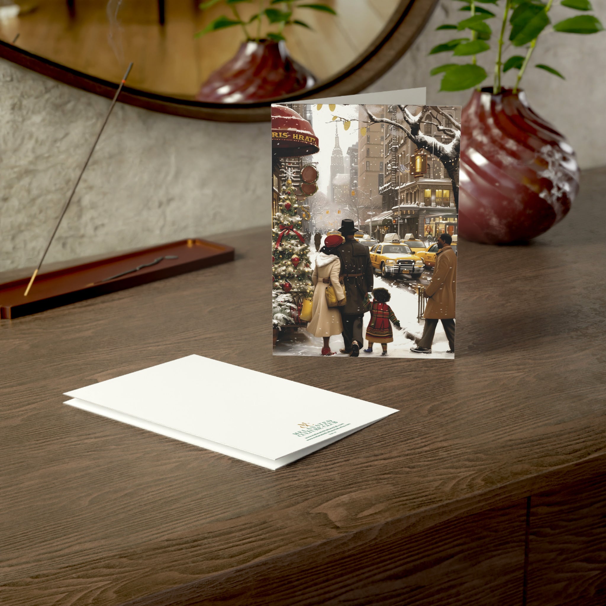 African American Family Christmas Card featuring a stylish Black family holiday shopping in New York City, Afrocentric holiday greeting card available as single or multipack with white envelopes.