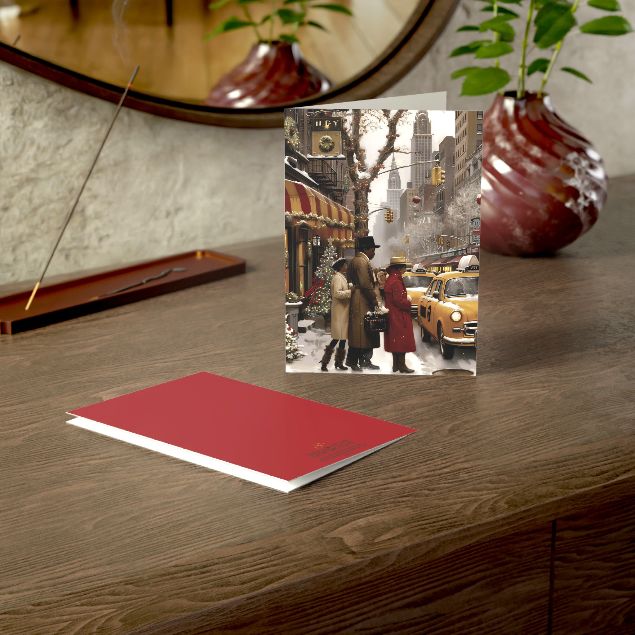 African American Christmas Shoppers Holiday Card featuring stylish Black families shopping in New York City during the holiday season, available as a single card or multipack with white envelopes.