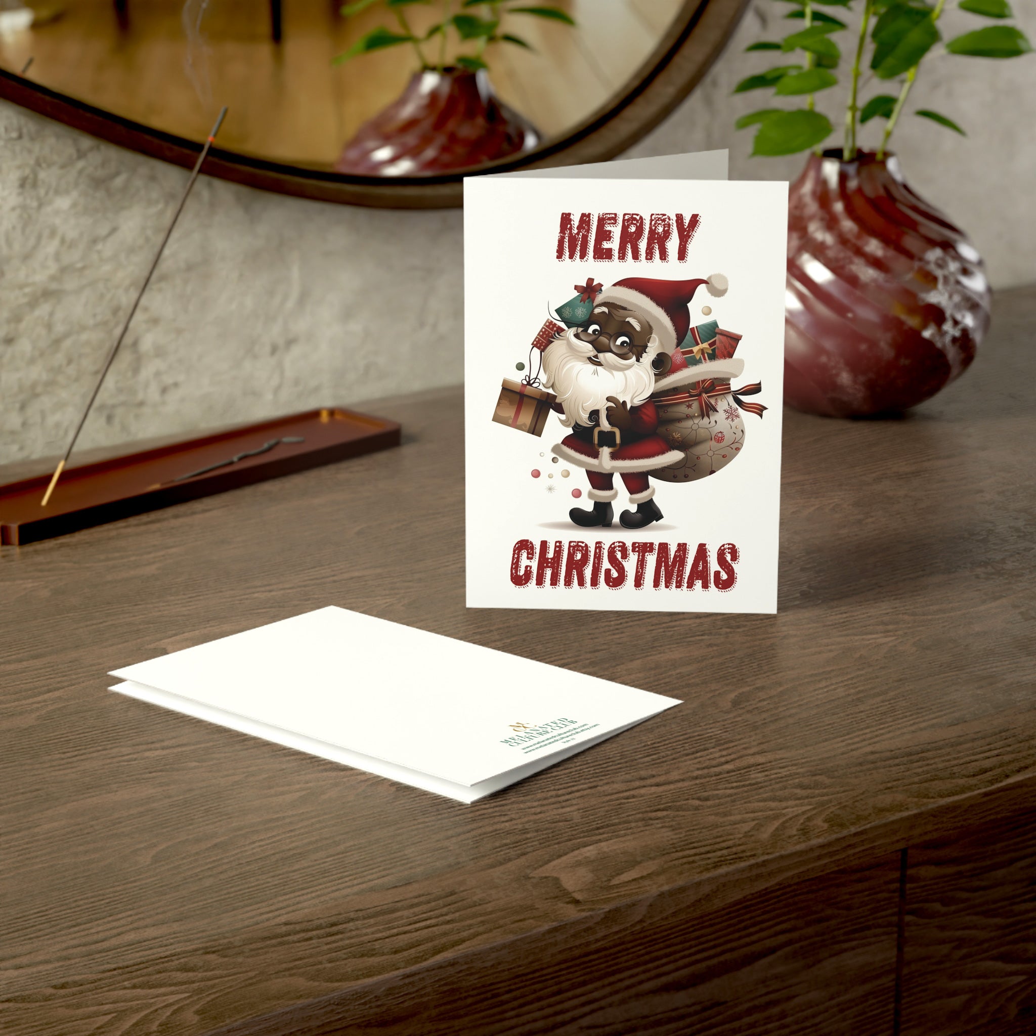 African American Santa Christmas Card – Afrocentric holiday greeting featuring a Black Santa Claus design, festive Christmas card with envelope.