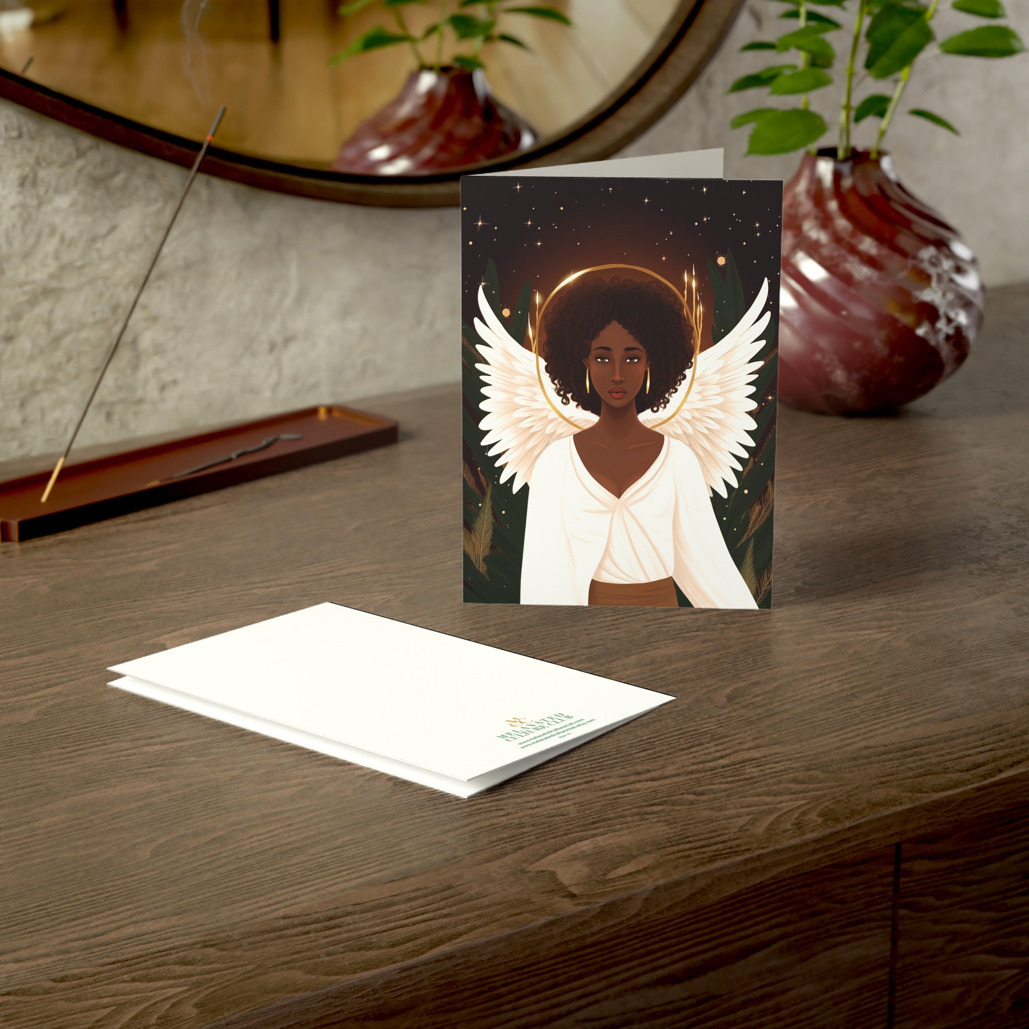 Black Woman Angel Holiday Greeting Card featuring an elegant African American angel illustration, available as a single card or multipack with envelopes.