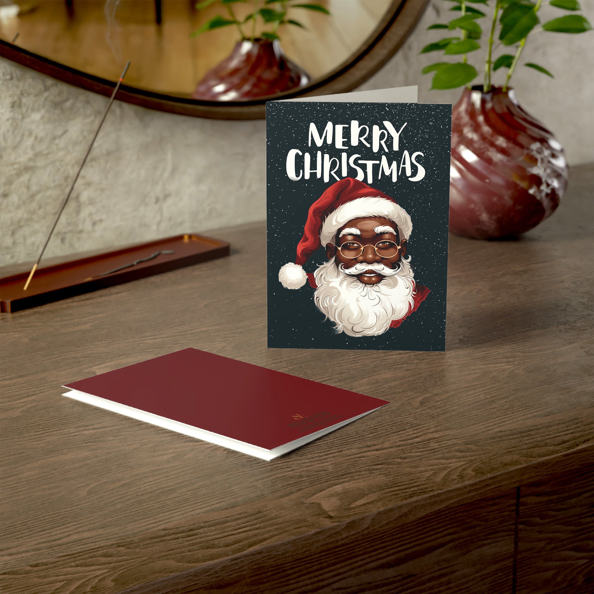 African American Santa Christmas Card – Afrocentric holiday greeting featuring a Black Santa Claus design, festive Christmas card with envelope.