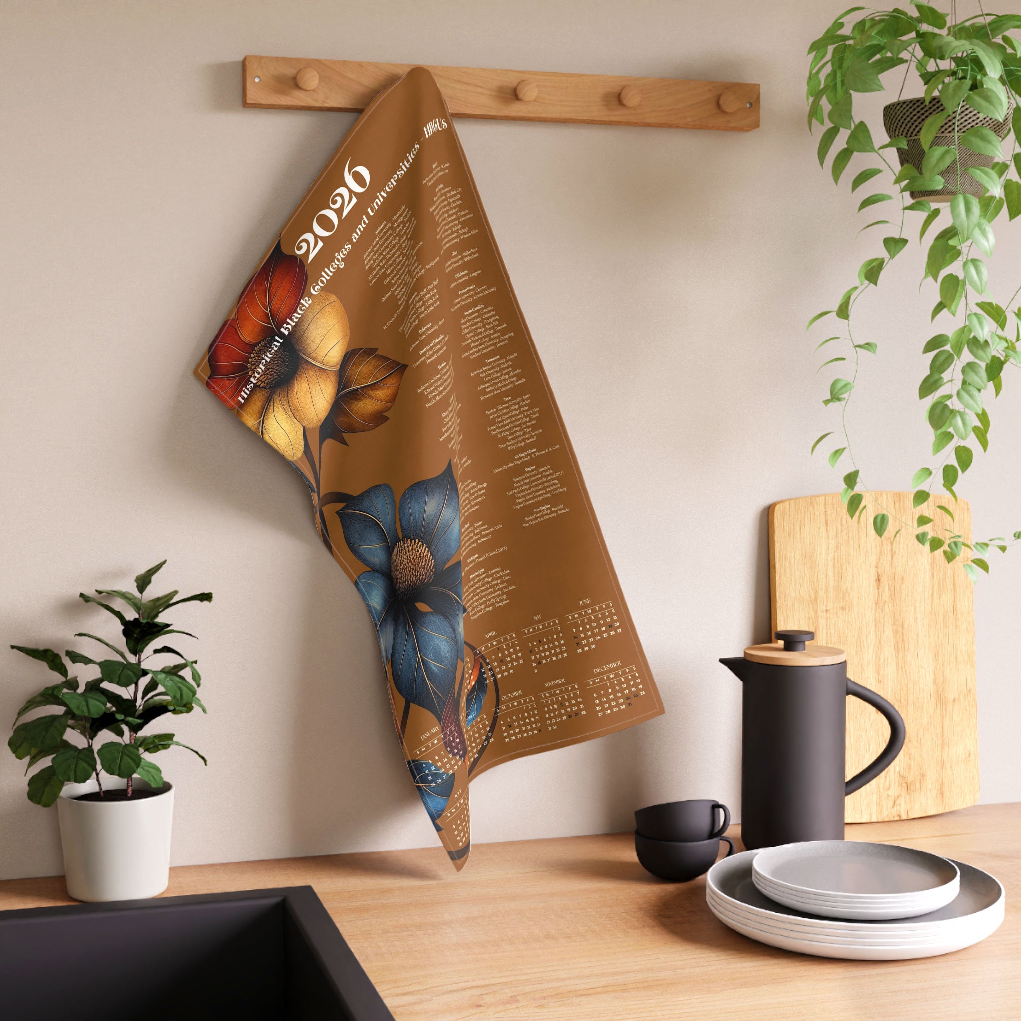 2026 Tea Towel Calendar featuring Historical Black Colleges and Universities in every state with wildflower vine design – Afrocentric functional home decor.