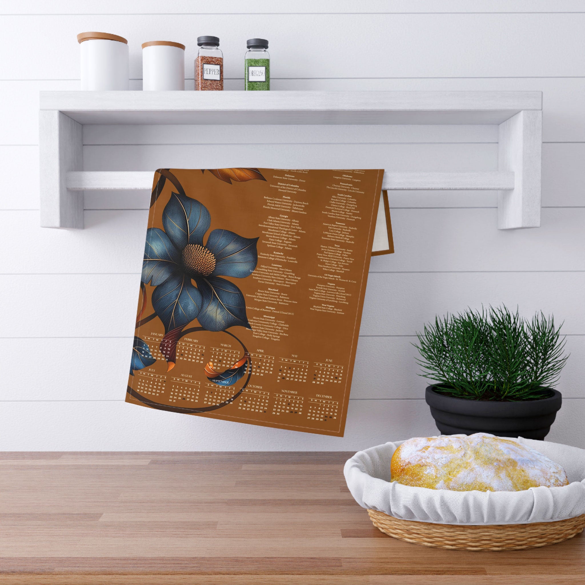 2026 Tea Towel Calendar featuring Historical Black Colleges and Universities in every state with wildflower vine design – Afrocentric functional home decor.