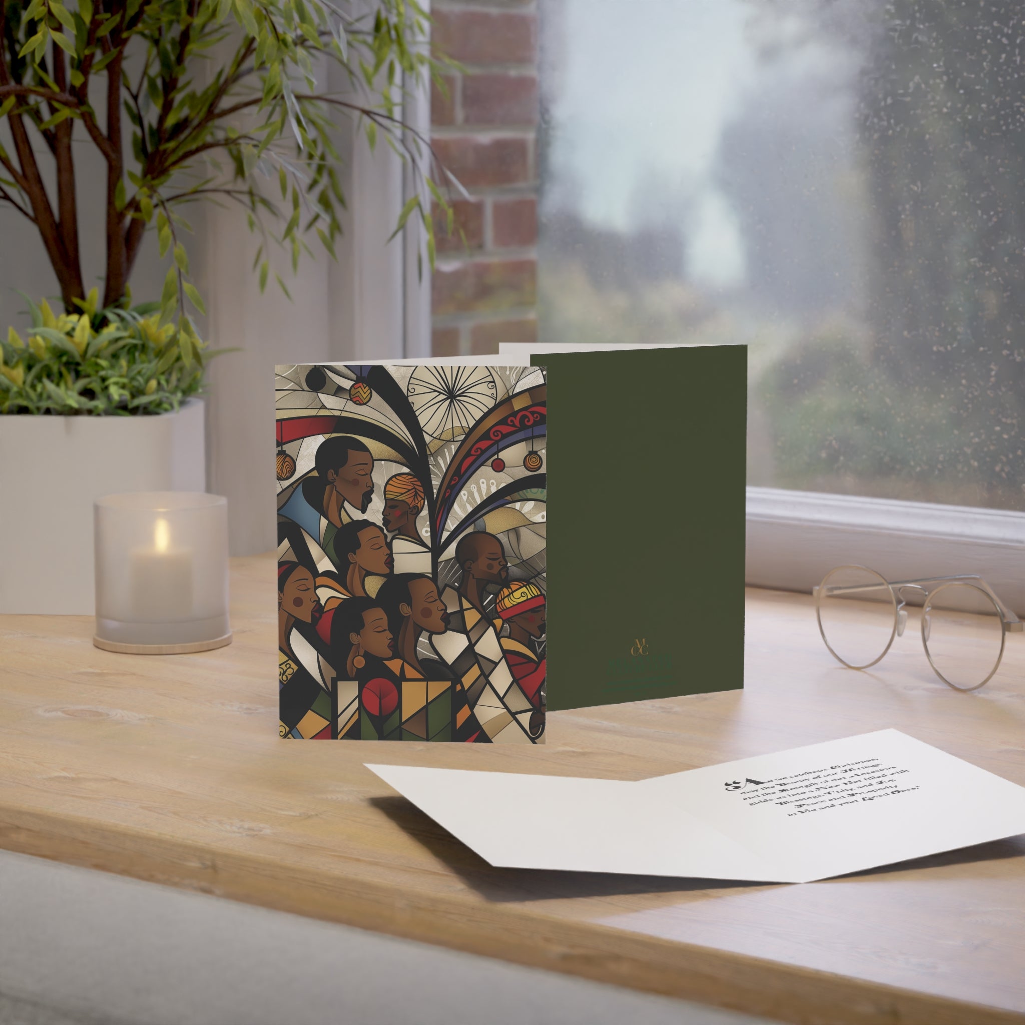 Black Christmas Choir Christmas Card featuring Afrocentric stained glass design of an African American choir singing joyfully, available as a single card or multipack with white envelopes.