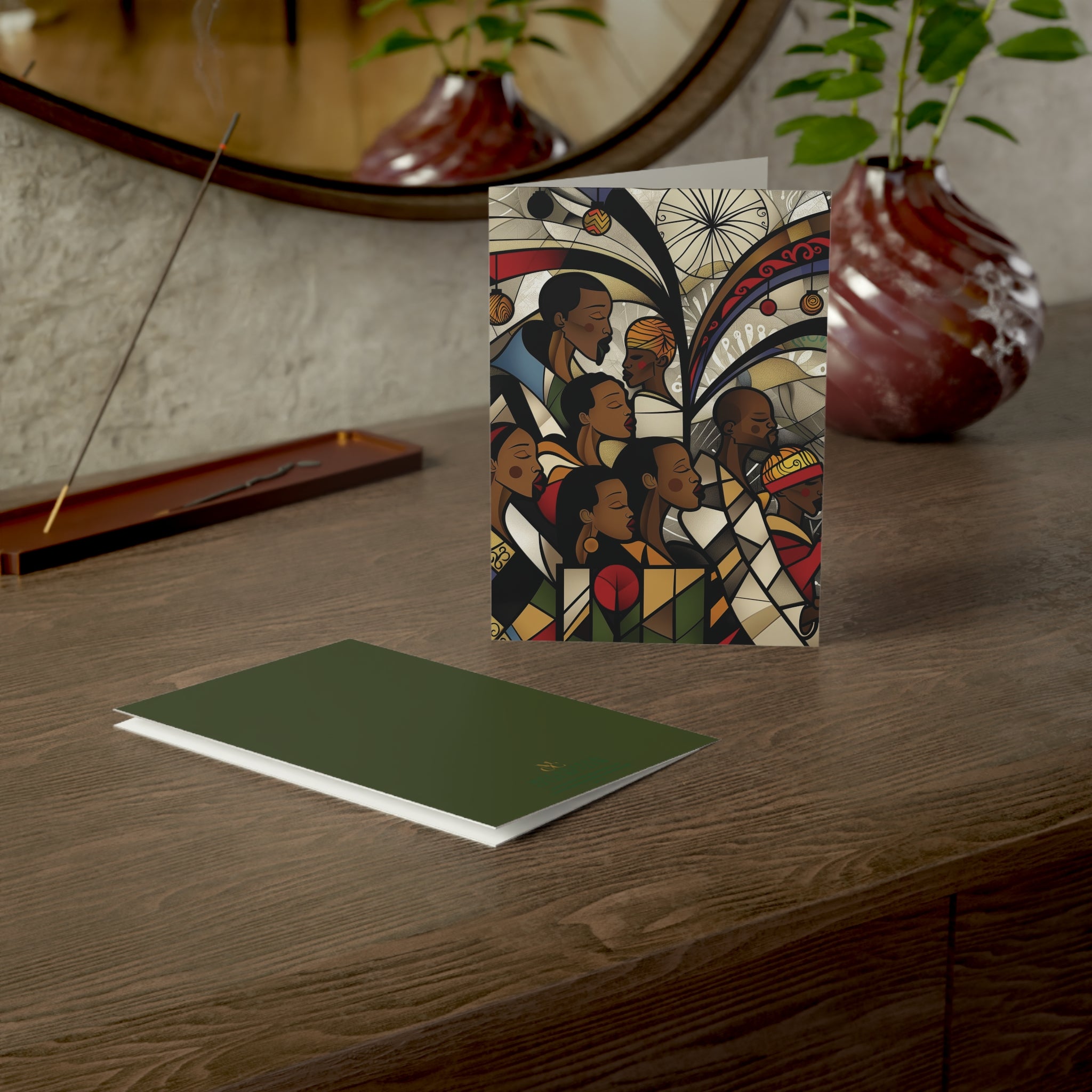 Black Christmas Choir Christmas Card featuring Afrocentric stained glass design of an African American choir singing joyfully, available as a single card or multipack with white envelopes.