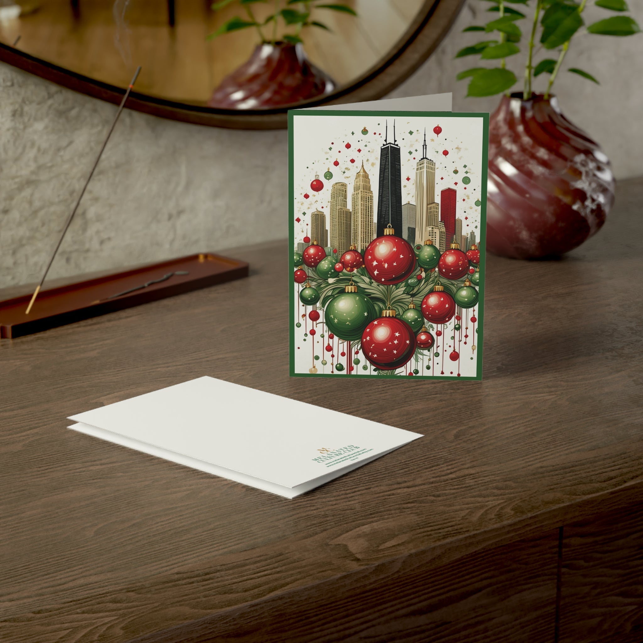 Chicago Skyline Christmas Card featuring the John Hancock Building decorated with festive ornaments, Windy City holiday greeting card available as a single card or multipack with envelopes.
