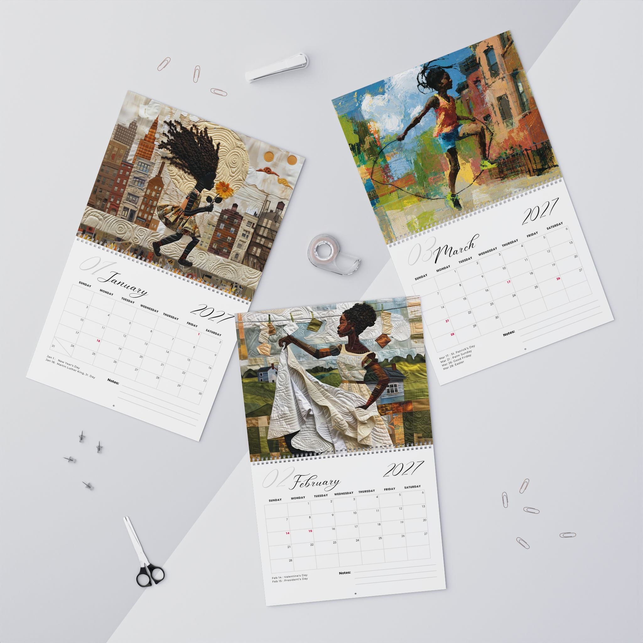 Flat lay view for the months of January, February and March of the Rooted in Home 2027 wall-mounted calendar.