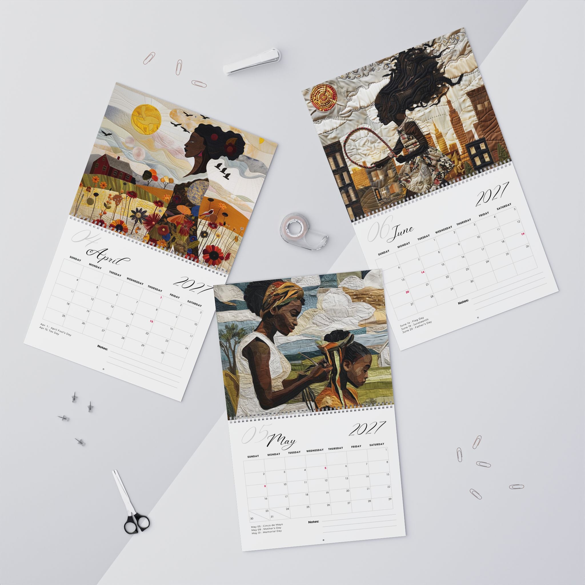 Flat lay view for the months of April, May and June of the Rooted in Home 2027 wall-mounted calendar.