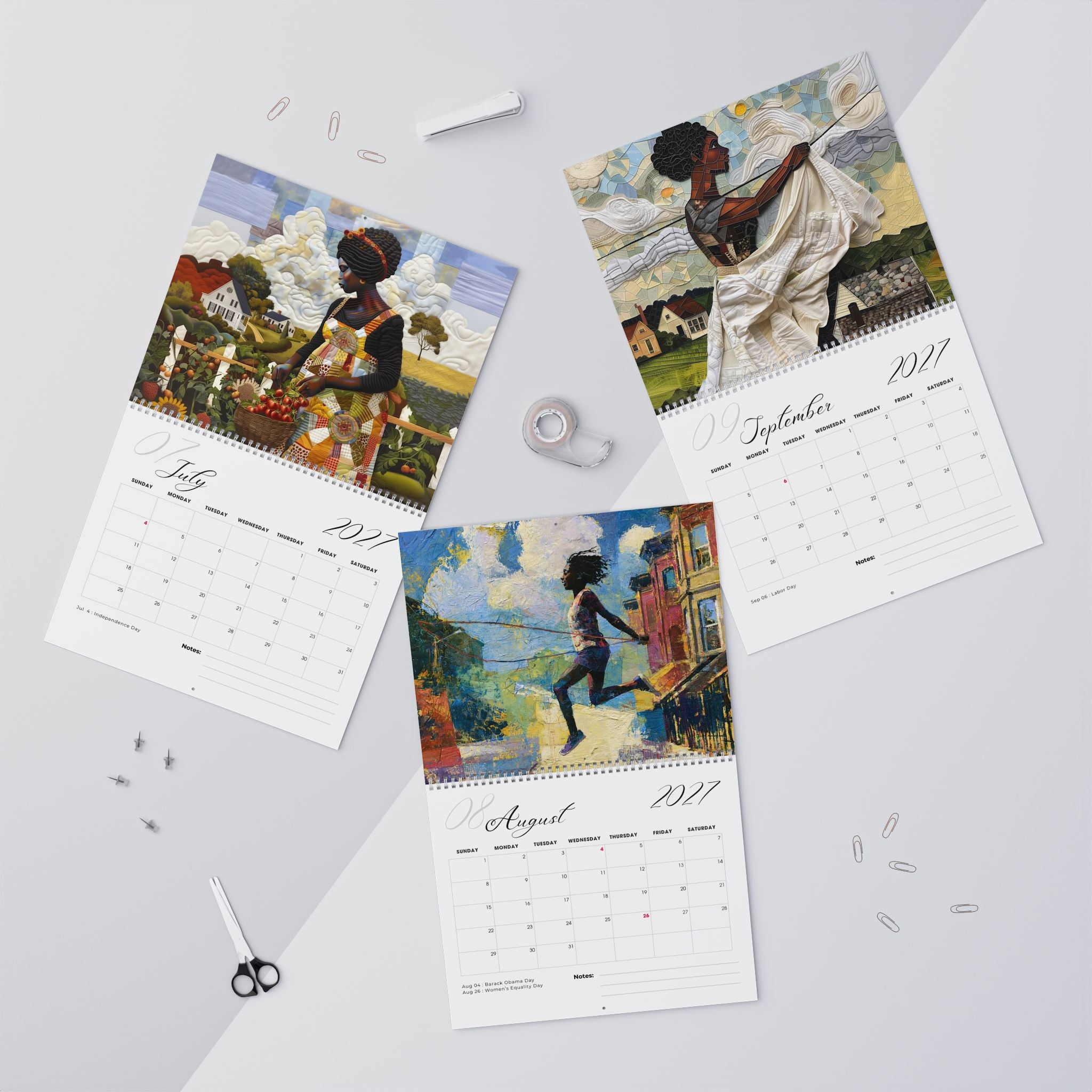 Flat lay view for the months of July, August and September of the Rooted in Home 2027 wall-mounted calendar.