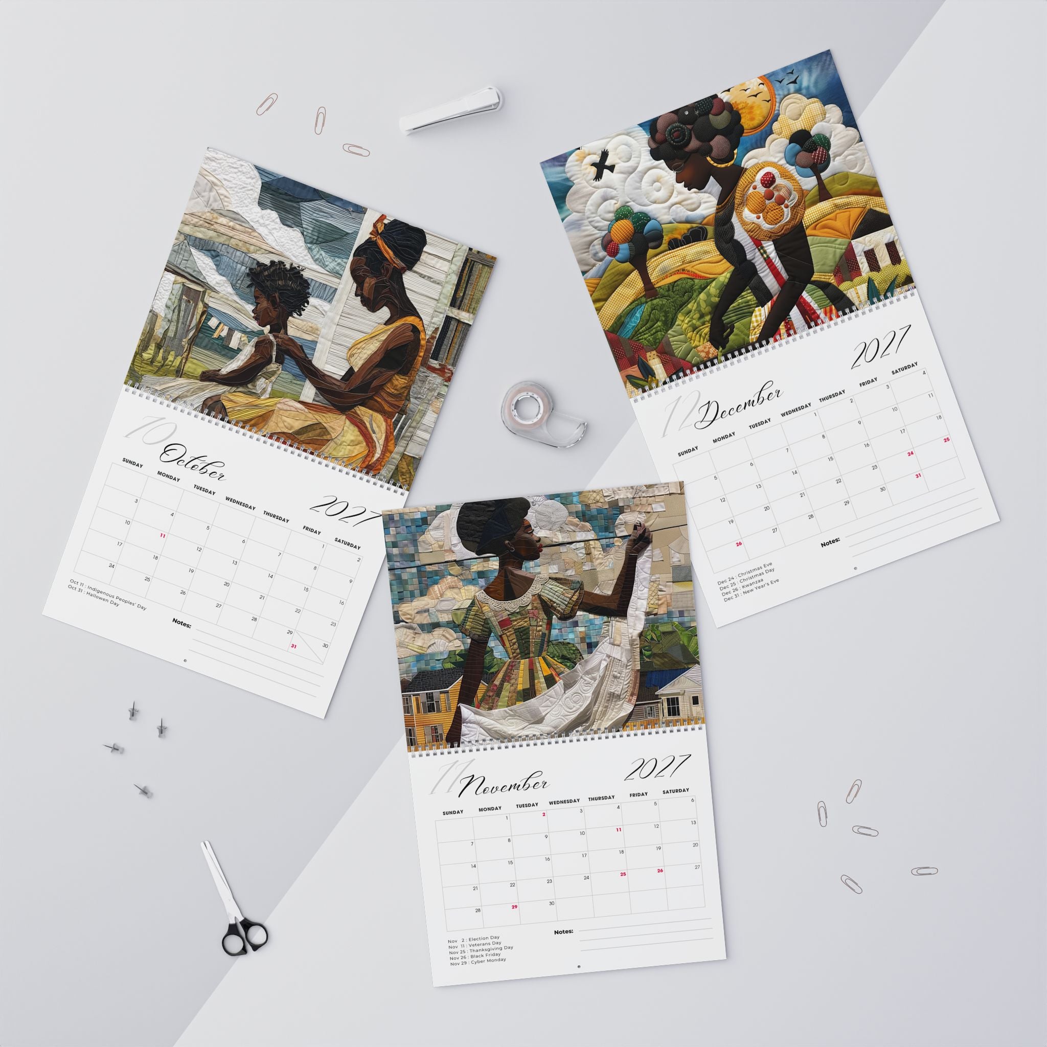 Flat lay view for the months of October, November and December of the Rooted in Home 2027 wall-mounted calendar.