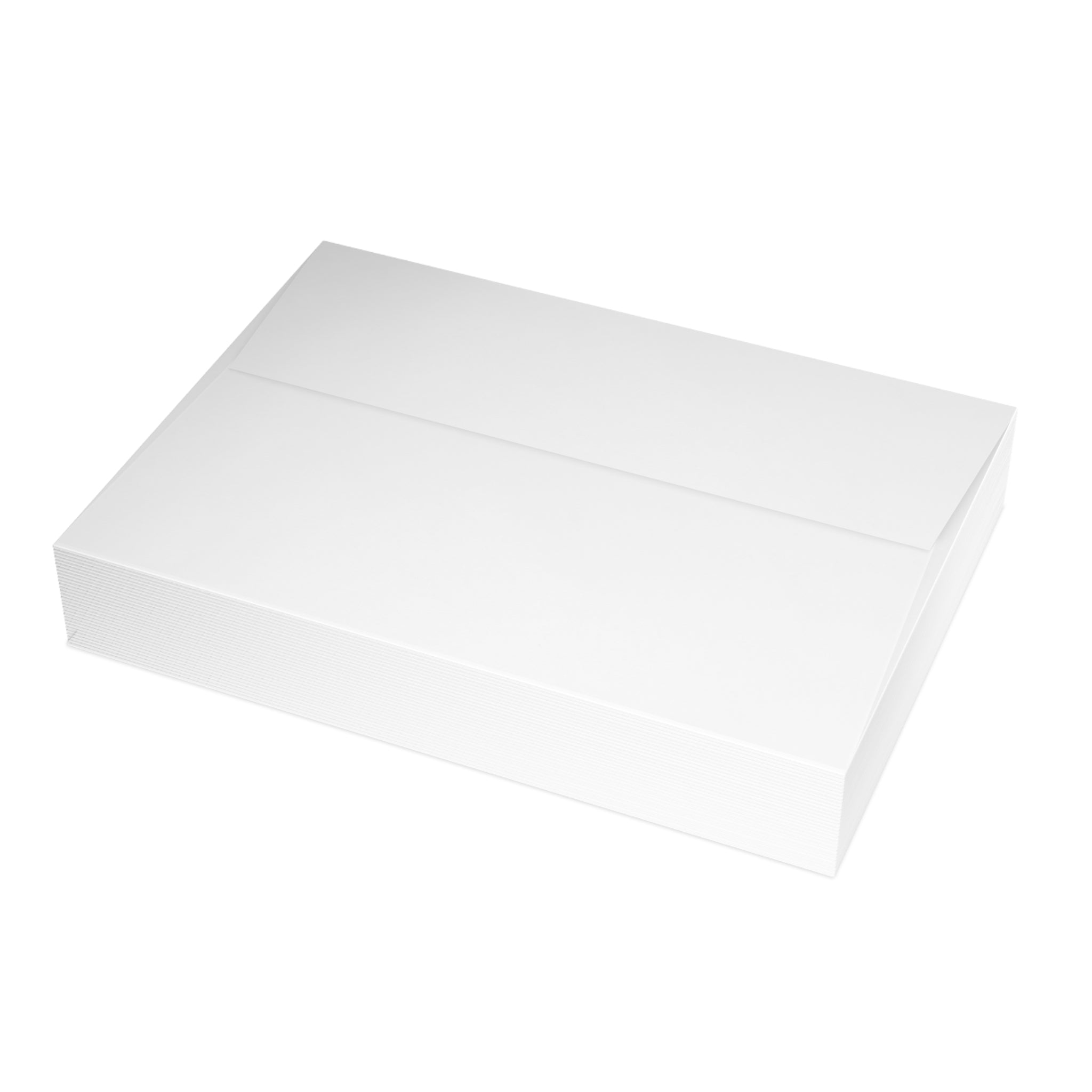 Stack of white self sealing greeting card envelopes, placed against a white background.
